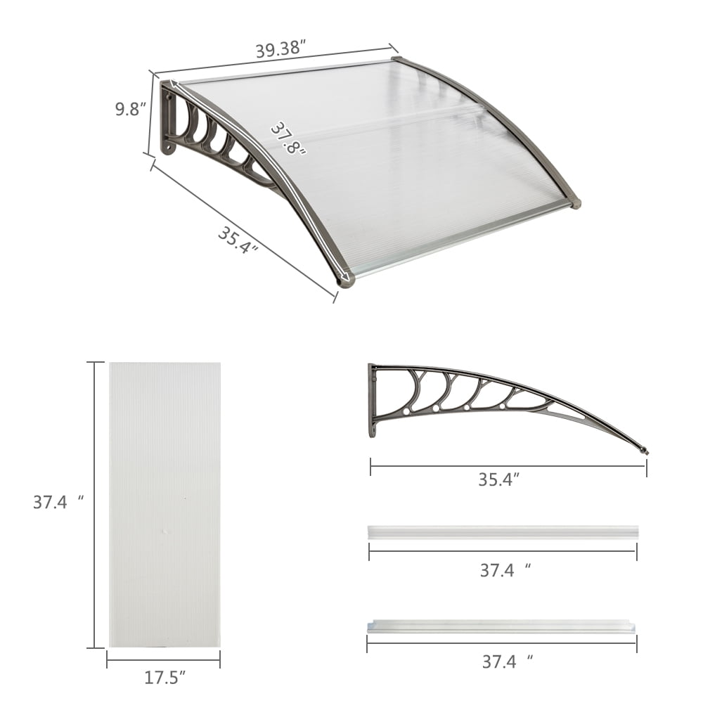 COOKCOK Window Awning Door Canopy, 40"x 40" Modern Design Polycarbonate Cover Awnings for Doors for UV Sunlight Rain Snow Protection Hollow Sheet/Grey Outdoor Awning Patio Door Window Cover