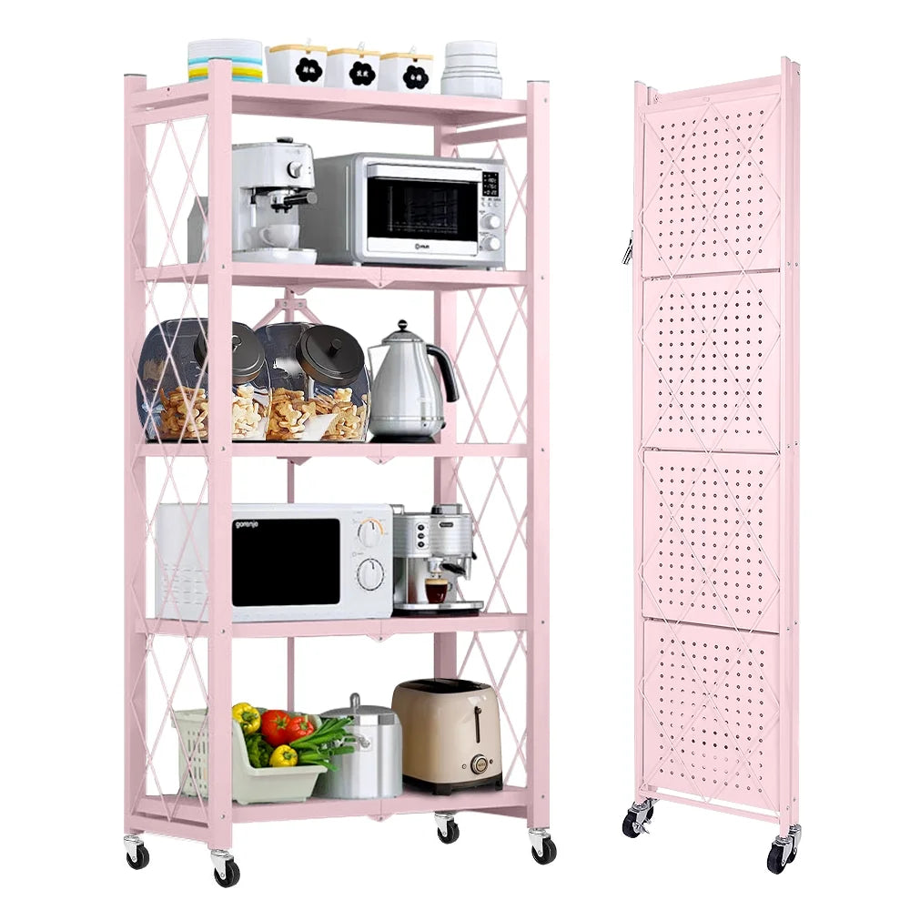 COOKCOK 5-Tier Storage Shelving Unit, Metal Shelf 27.9"x13.4"x62.5, Foldable Storage Shelf with Wheels, Garage Shelf, Metal Storage Rack, Kitchen Shelf with 4 Hooks