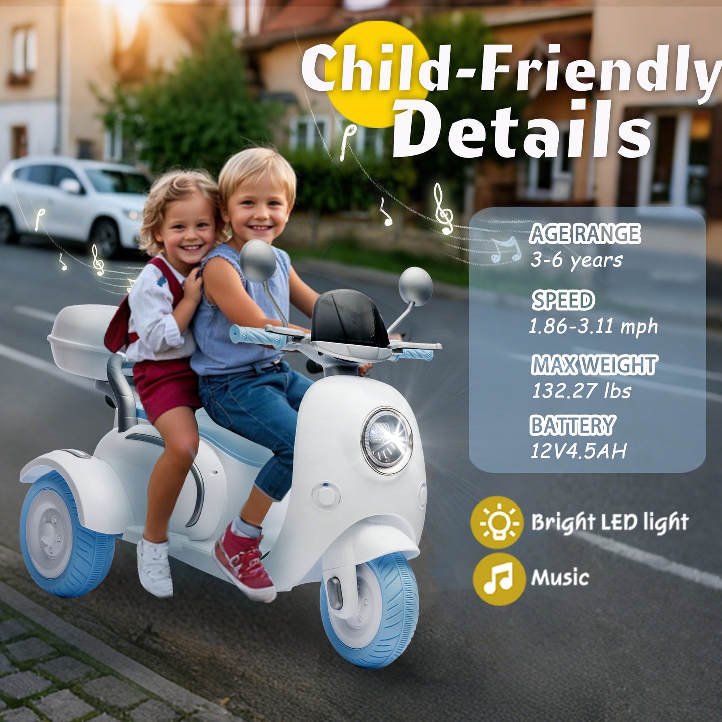 Track Seven 12V Ride on Motorcycle, 2-Seater Electric Motorcycle with Dual Motor, 3 Wheels Motorbike with Bluetooth, LED Lights, Storage Box, Front Hook, Ride on Toy Car for Boys Girls Aged 3+, White