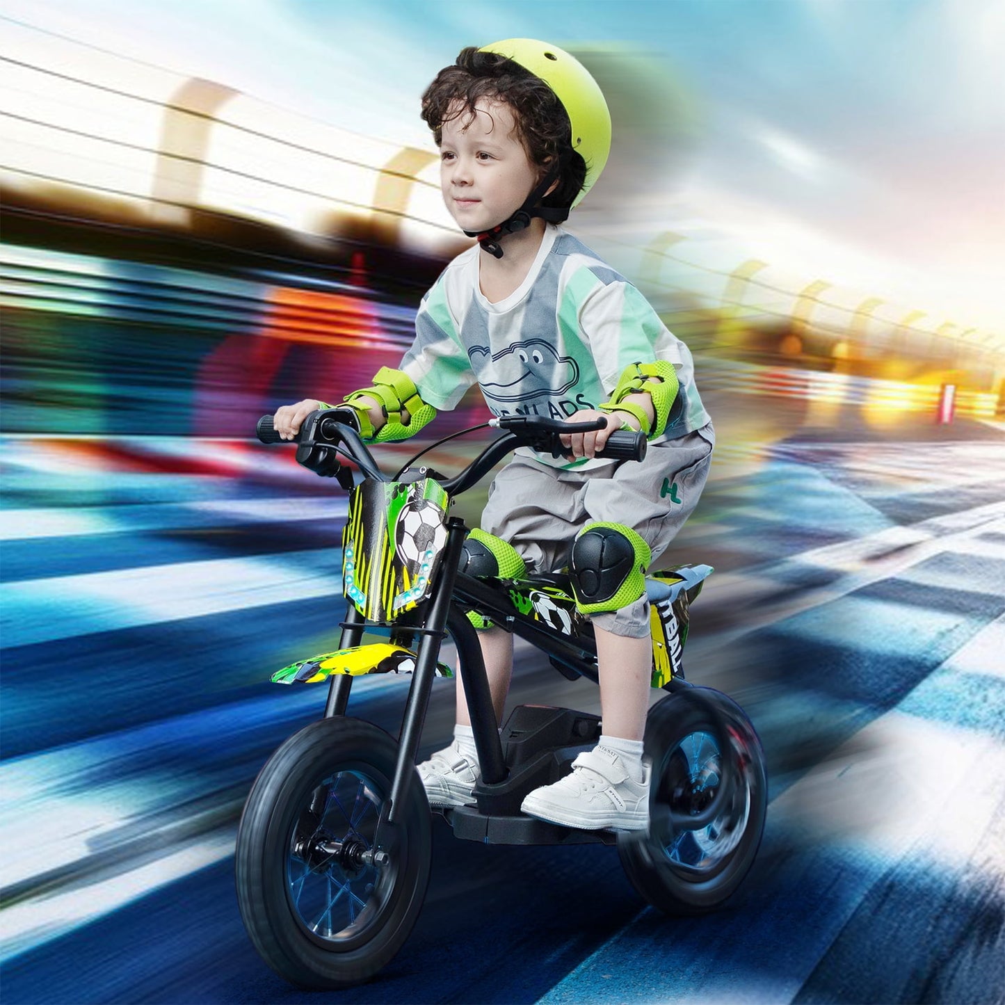 Track Seven 24V Electric Dirt Bike, Kids Ride-On Motorcycle with LED Lights, Adjustable Speed, Rear Disc Brake, Power Display, Max Speed 13 mph, 250W Ride On Car Toy for Boys Girls Age 6+,Green