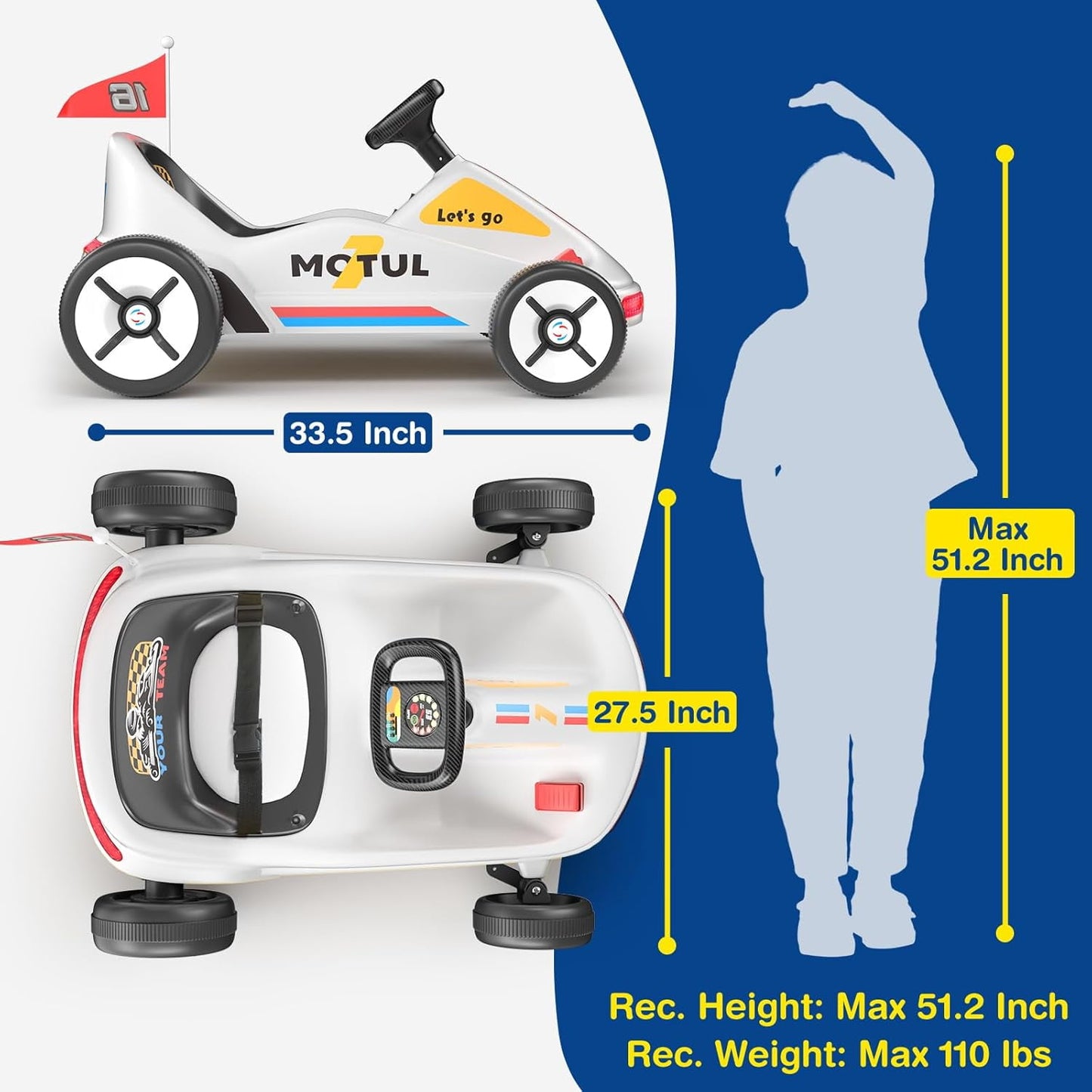 Track Seven 12V Ride on Car, Kids Electric Drifting Go Kart with Remote Control, Flashing Taillight, Bluetooth, Storytelling, Max Speed 3.7 mph, Portable Electric 4-Wheeler Car for Kids Age 3+, White