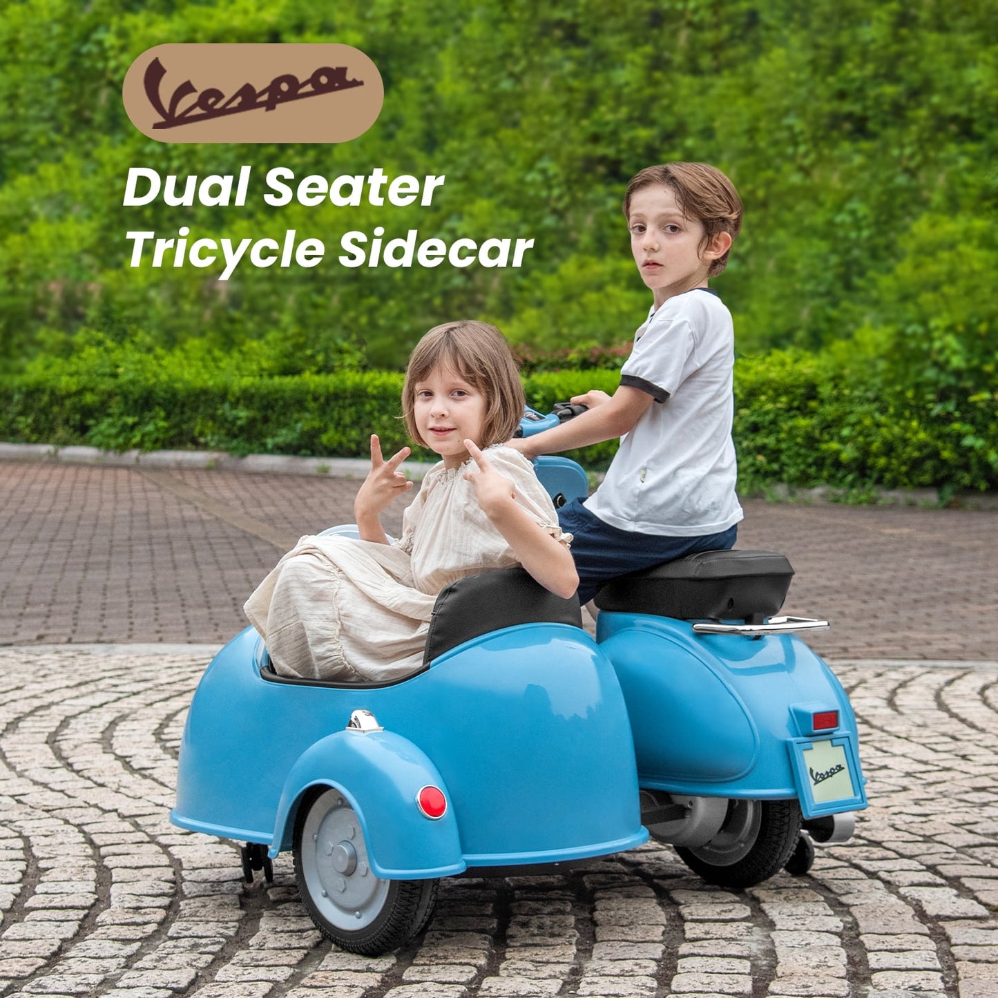 Track Seven 2-Seater Ride on Motorcycle, 12V Licensed Vespa Electric Motorcycle wth Side Car, 2-Seater Ride on Car, Music, Max Speed 4.8mph, Blue