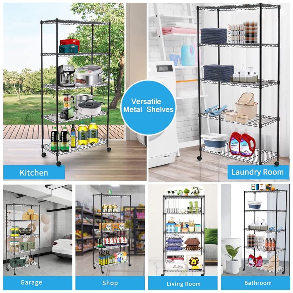 COOKCOK 5-Tier Wire Shelving with Wheels, 35.4"x 13.8"x 65" Heavy Duty Shelf, Height Adjustable Rolling Metal Shelves for Storage, 750lbs Capacity, Black