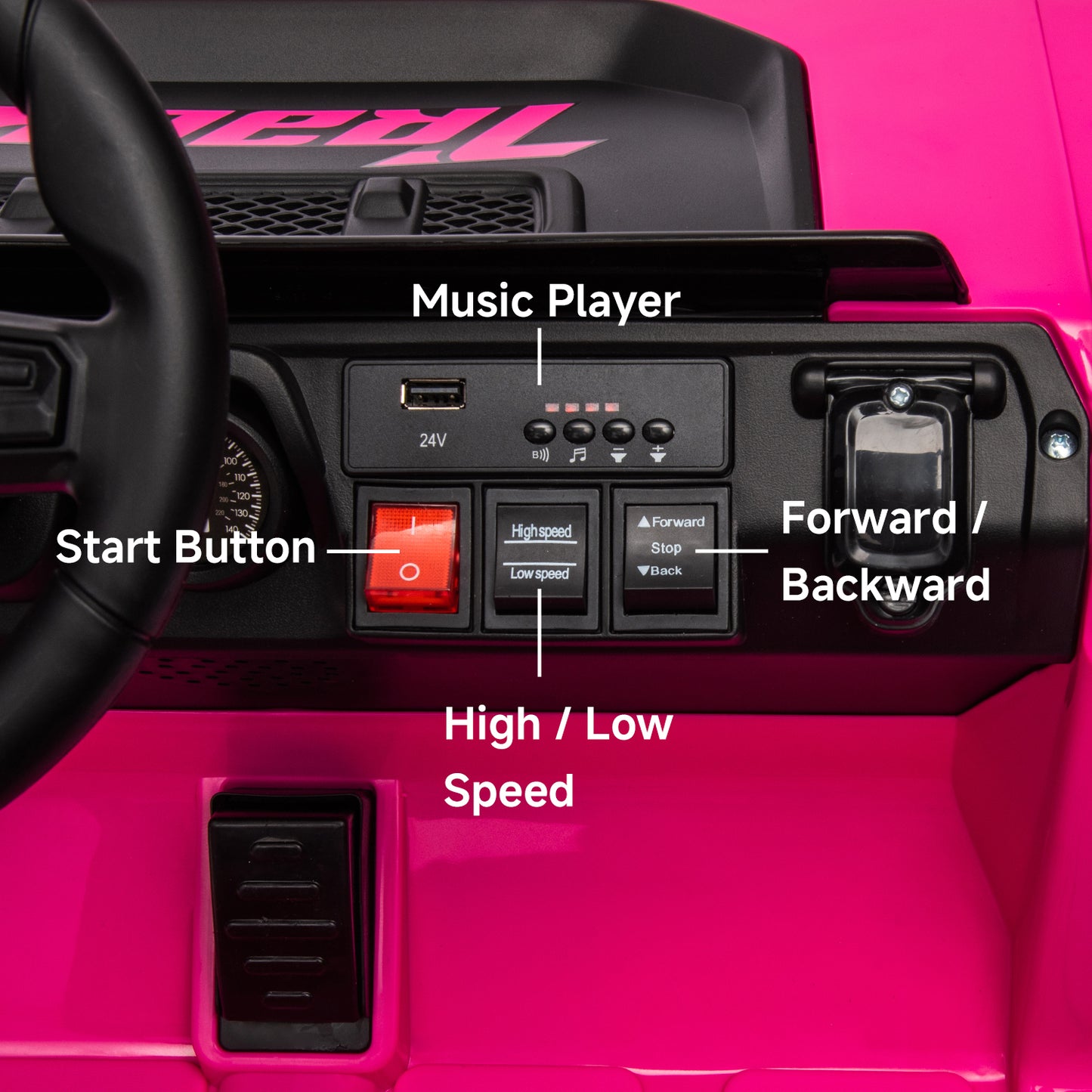 Track Seven 24V Kids Ride on Car, Electric Car with Ceiling, Ride on Truck with Remote Control, Music, Rear Storage Box, Pink