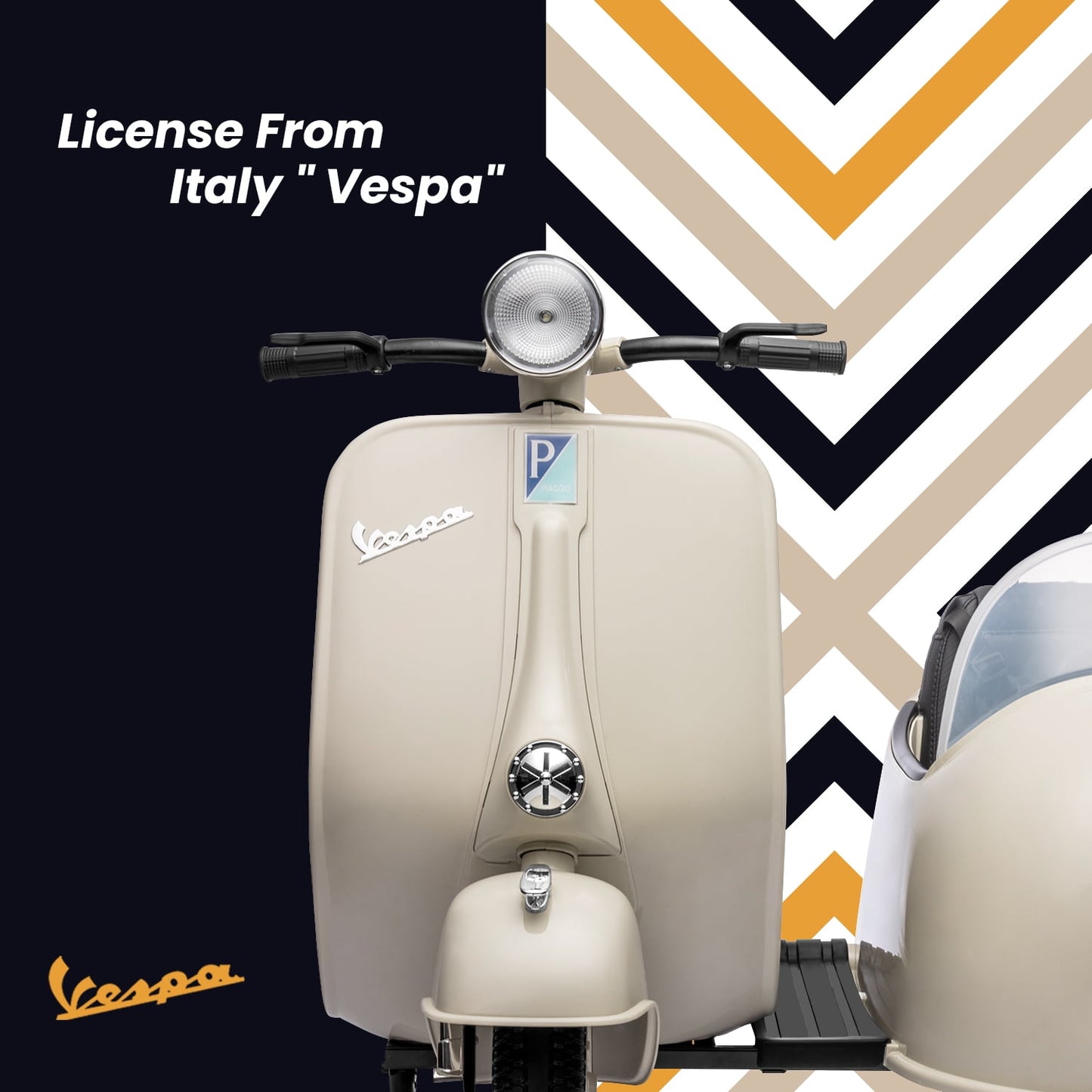 Track Seven 12V Licensed Vespa Ride on Motorcycle with Side Car, 2-Seater Electric Car for Kids Age 3+, Music, Max Speed 4.8mph, Grey