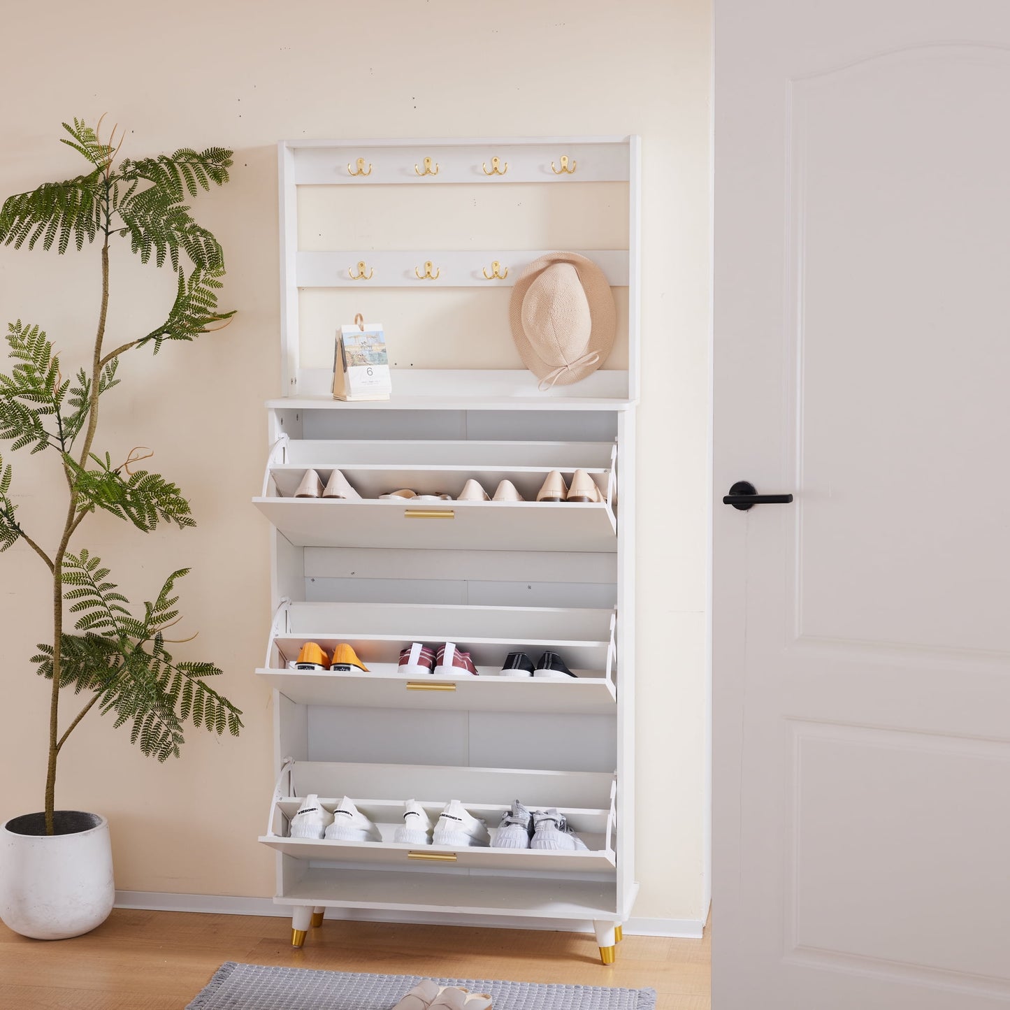 COOKCOK 3-Tier Flip Drawer Shoe Cabinets, Hat Coat Rack with Shoe Storage, Entryway Bedroom Armoire, Shoe Cabinet with Open Storage, White