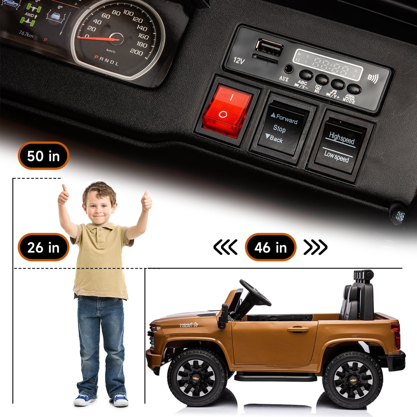 Track Seven 24V Ride on Car, Licensed Silverado HD 2 Seater Electric Car for Boys Girls Age 3+, 24V Ride on Truck w/Remote Control, Music, ABC, Brown