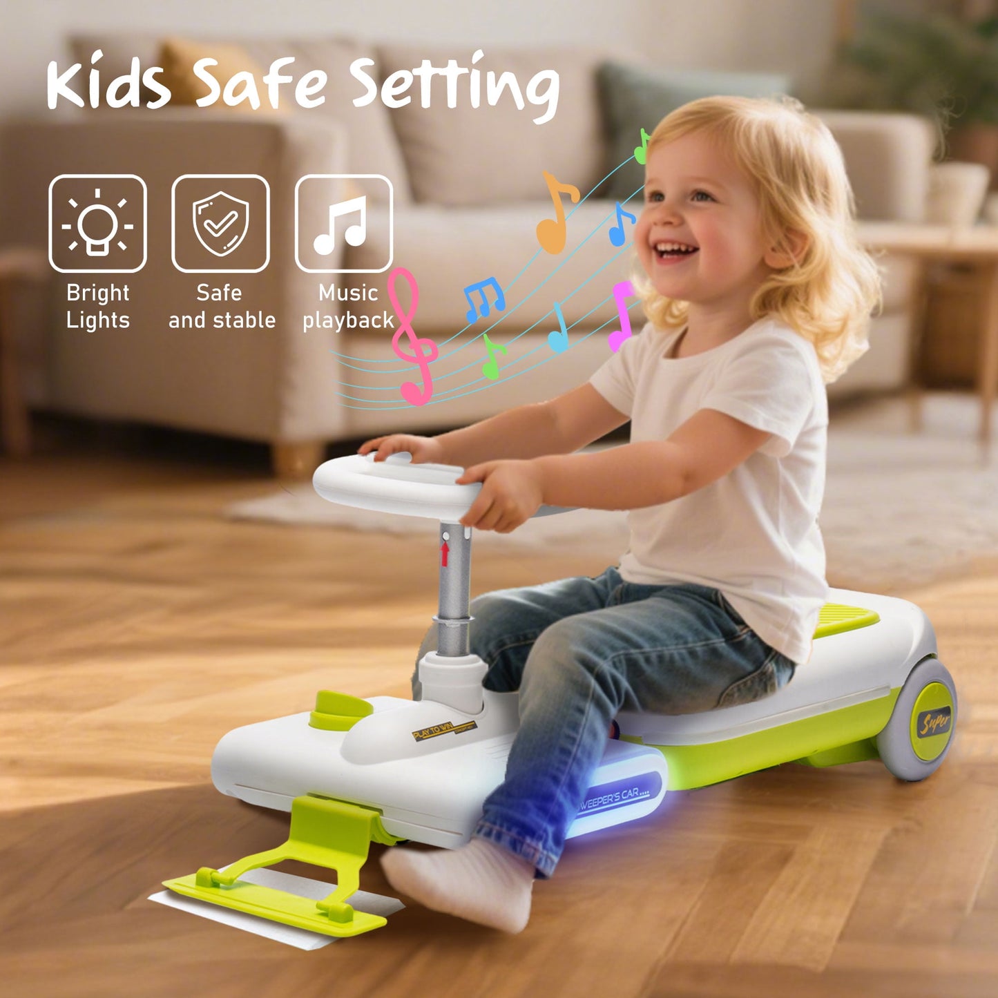 Track Seven 12V Ride on Car, Kids Electric Go Kart with LED Lights, Music, Adjustable Length, Portable Go Kart with Detachable Mopping Kit, Electric Car for Kids Toddlers Age 3+, Green
