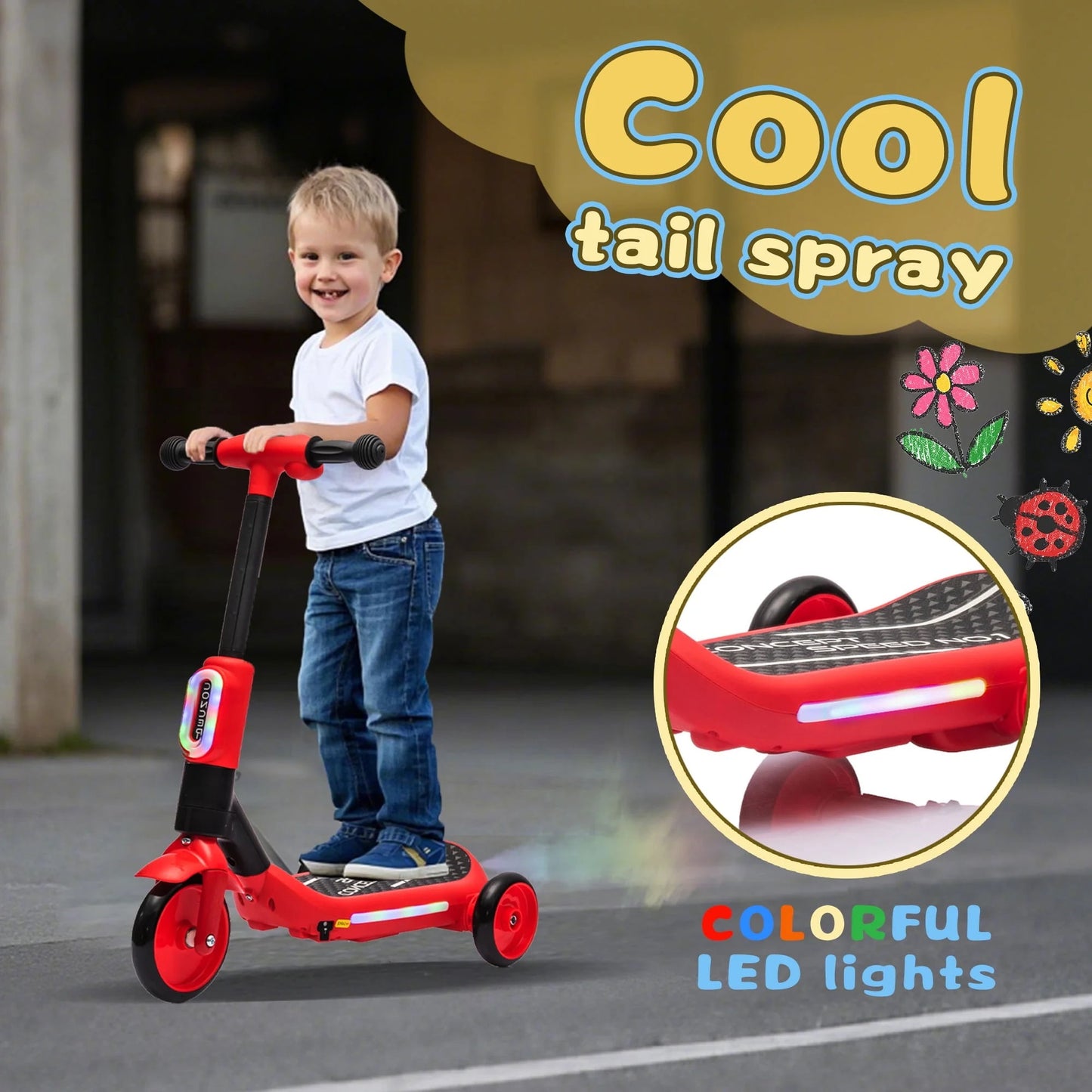 Track Seven Electric Scooter for Kids, 3 Wheels Kids Kick Scooter with Spray, LED Lights, PU Wheels, Wide Pedal, Music, Independent Light Switch, 6V Scooter for Boys Girls Toddlers Ages 3-6, Red