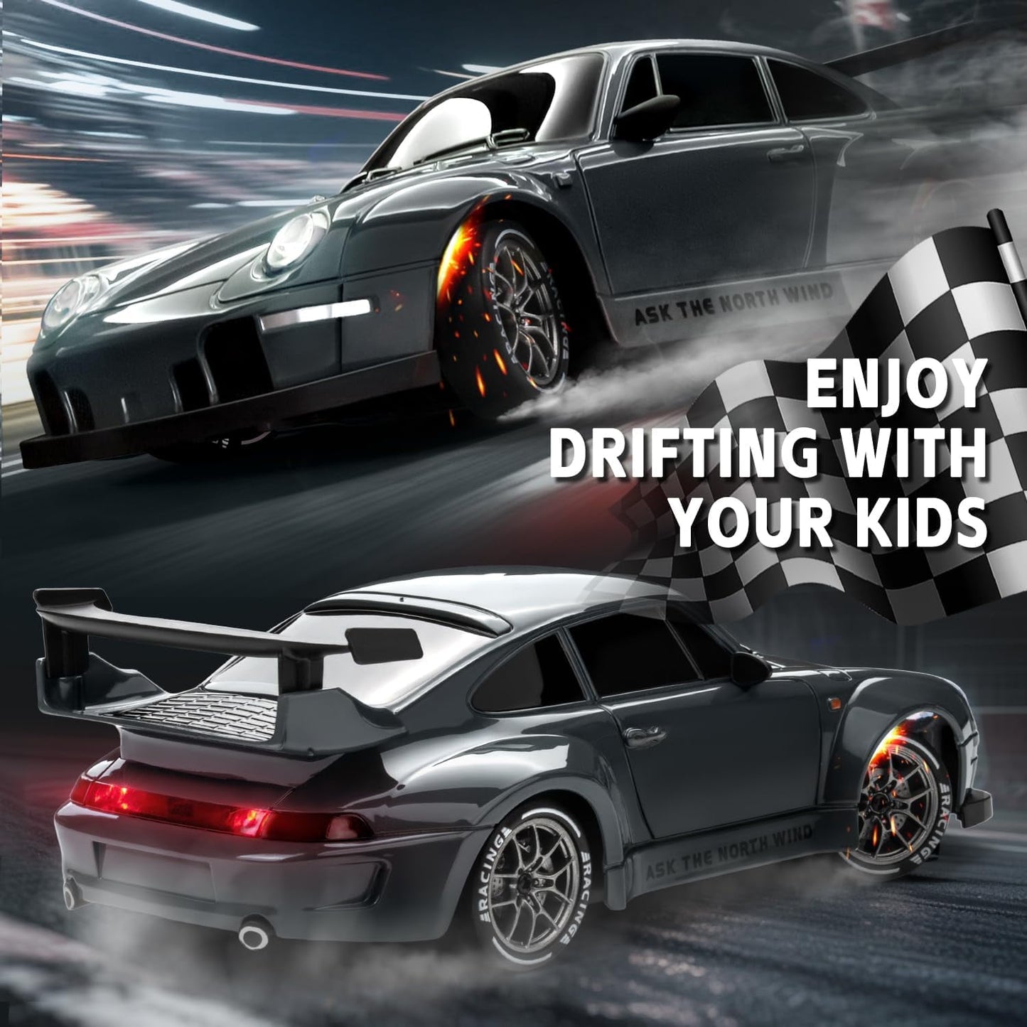 Track Seven RC Drift Car, 1:24 Scale Remote Control Vehicle with LED Lights, 2.4GHz 20KM/H 4WD High Speed RC Cars, Drifting Tires&Two Batteries, Racing Sports Toy Idea Gift for Adults Boys Girls