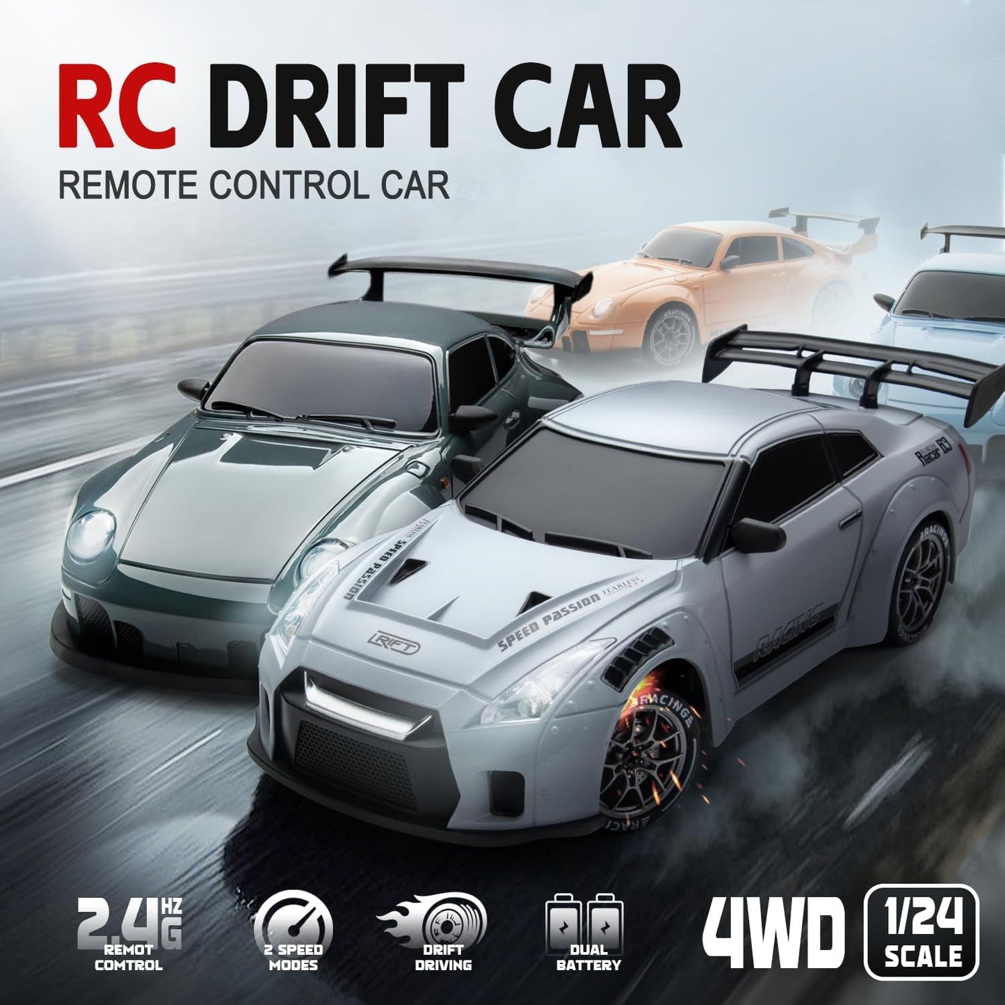 Track Seven RC Drift Car, 1:24 Scale Remote Control Vehicle with LED Lights, 2.4GHz 20KM/H 4WD High Speed RC Cars, Drifting Tires&Two Batteries, Racing Sports Toy Idea Gift for Adults Boys Girls