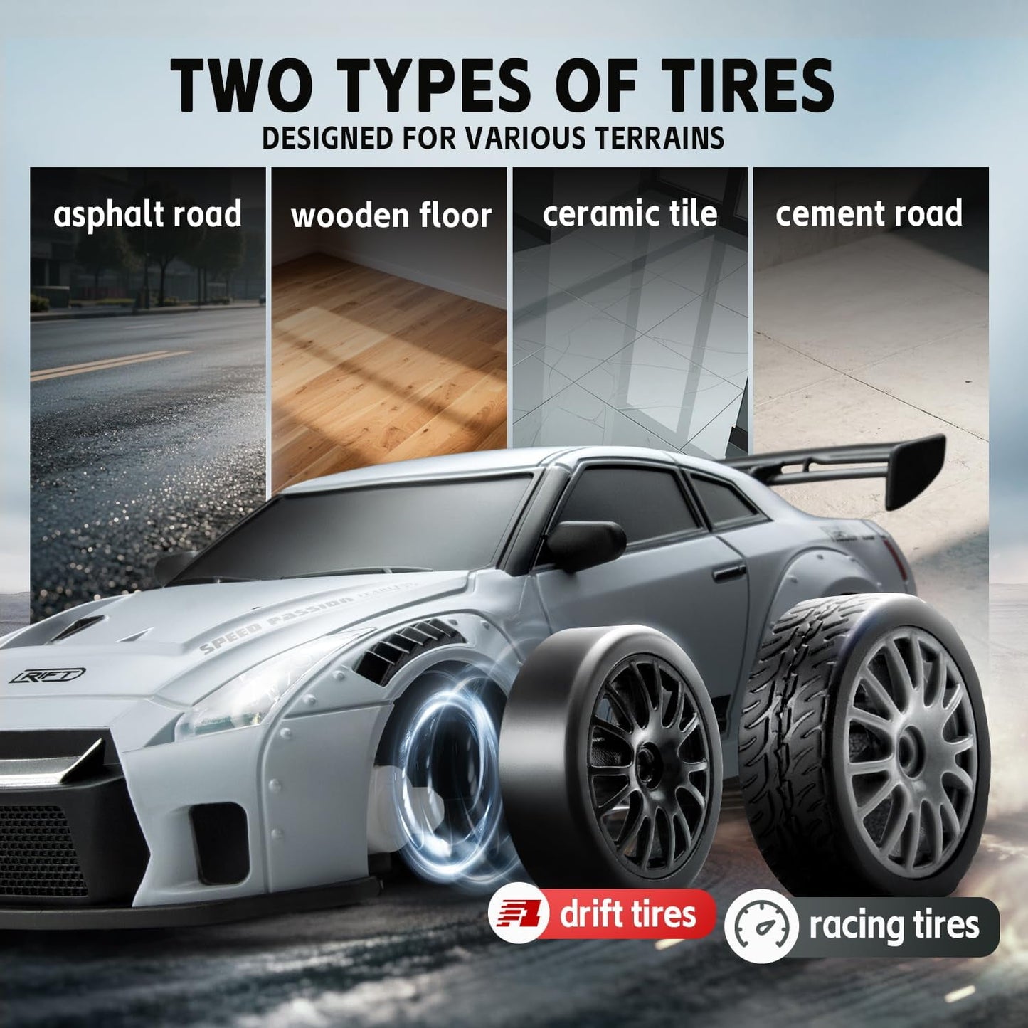 Track Seven RC Drift Car, 1:24 Scale Remote Control Vehicle with LED Lights, 2.4GHz 20KM/H 4WD High Speed RC Cars, Drifting Tires&Two Batteries, Racing Sports Toy Idea Gift for Adults Boys Girls