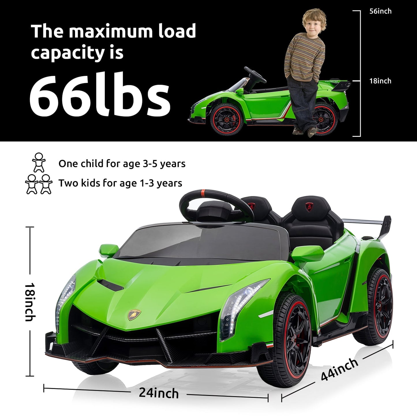 Track Seven 12V Kids Ride on Car, Licensed Lamborghini Veneno Electric Car with Remote Control, Music, Age 3+, Green