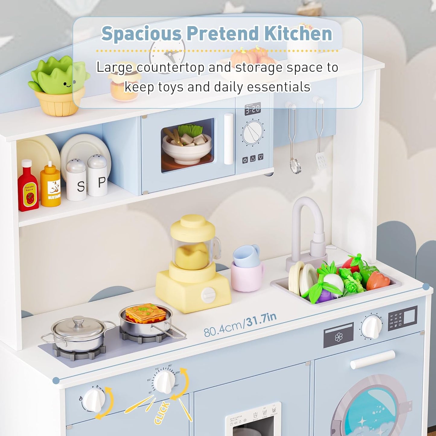 Track Seven Play Kitchen for Kids, Wooden Kids Kitchen Playset with Storage and Realistic Details, Pretend Play Kitchen Set with Ice Maker, Clicking Knobs, Sink, Washing Machine For Toddlers Ages 3+