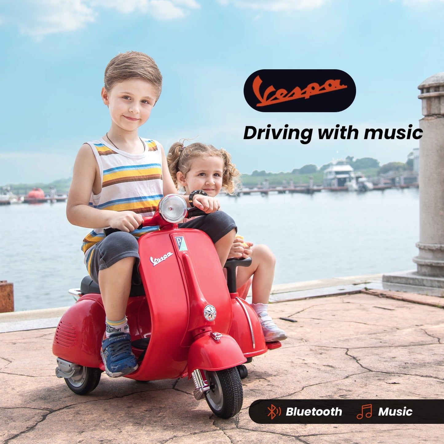 Track Seven Licensed Vespa Ride on Motorcycle with Side Car, 2-Seater Electric Car with Music, Storage Bin, Max Speed 3.7mph, Red