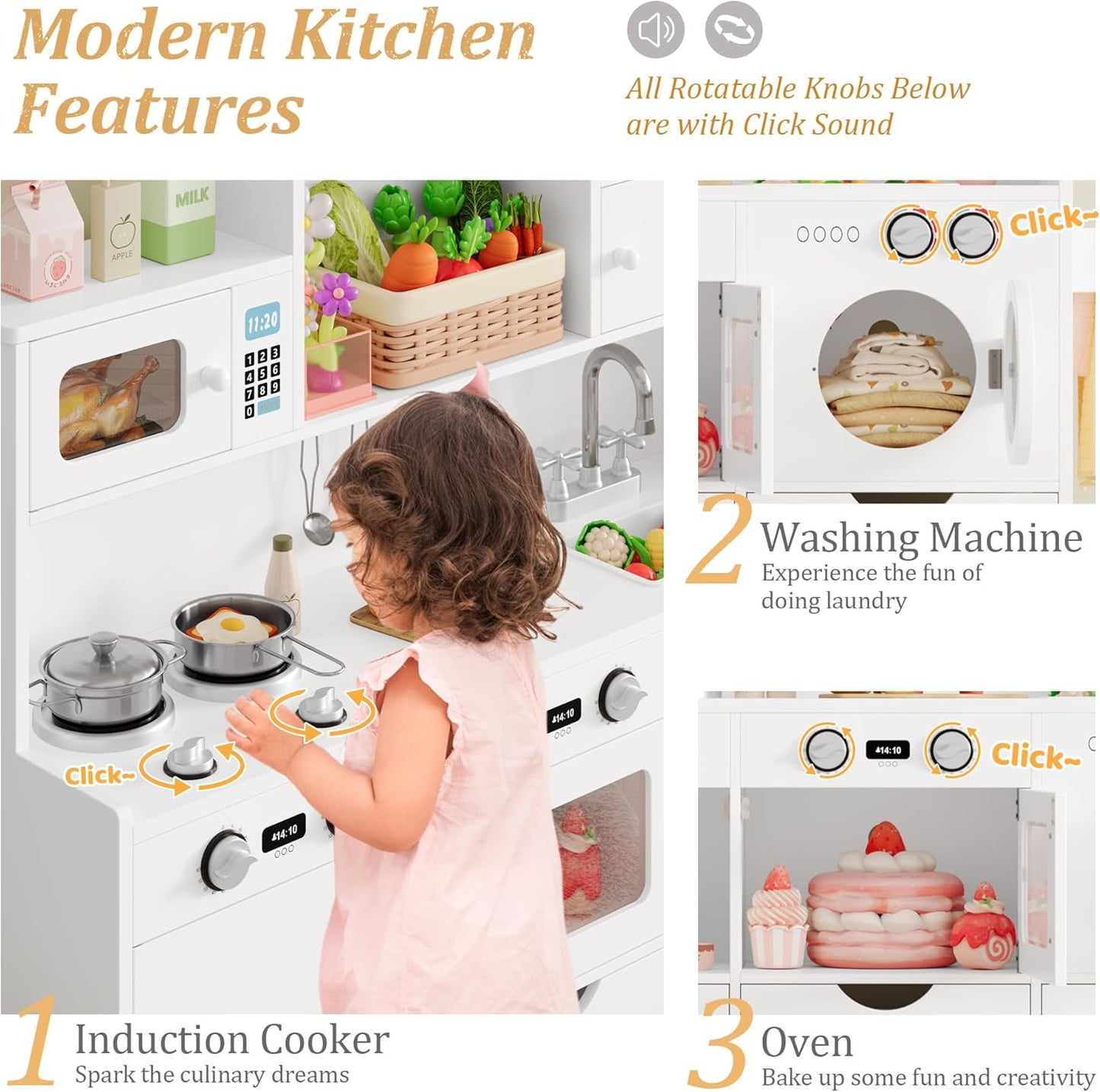 Track Seven Wooden Play Kitchen for Kids and Toddler, Toy Kitchen Playset with Plenty of Pretend Play Features and Storage Drawers, Gift for Boys and Girls, White