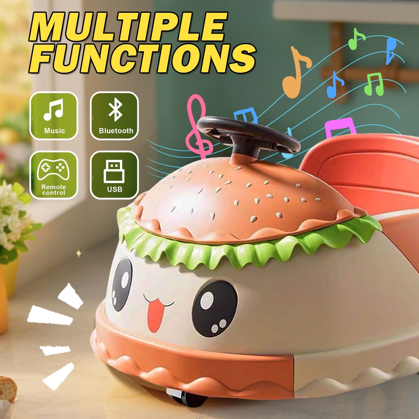 Track Seven 12V Kids Bumper Car, Kids Ride On Toy with Hamburger Design, Rear Storage, 360° Spin, Remote Control, Music, LED Lights, Electric Bumper Car for Boys Girls Toddlers Ages 2-5, Yellow