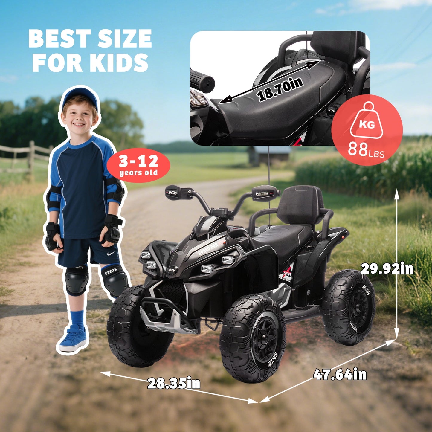 Track Seven 24V Kids Ride-On ATV, Four Wheeler Quad Electric Car with Remote, 2 Speeds, Bluetooth, LED Light, English Storytelling, Shock Absorber, Kids Electric ATV for Boys Girls Aged 3+, Black