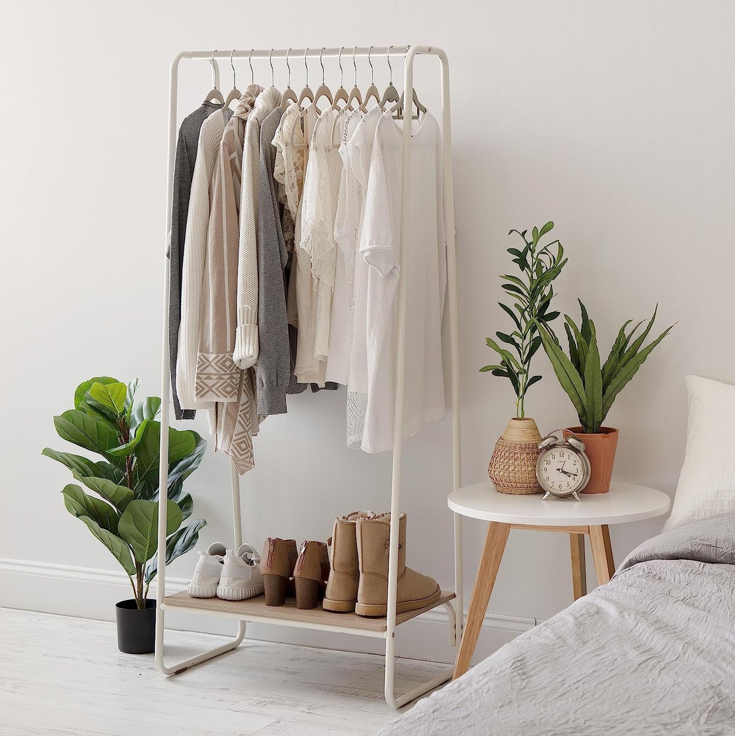 COOKCOK Clothes Rack for Hanging Clothes with Bottom Wood Shelf, Freestanding Clothing Rack, Easy to Assemble Garment Rack, Metal, Sturdy,Small Space Storage Rack,White