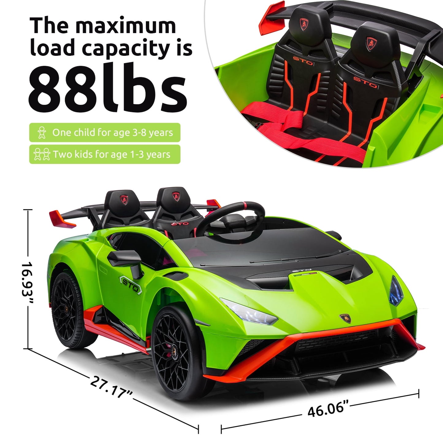 Track Seven 24V Kids Ride on Car, Licensed Lamborghini STO Electric Car for Boys Girls, 2-Seater Ride on Drift Car with Remote Control, Music, 360° Spin, Max Speed 6mph, Green