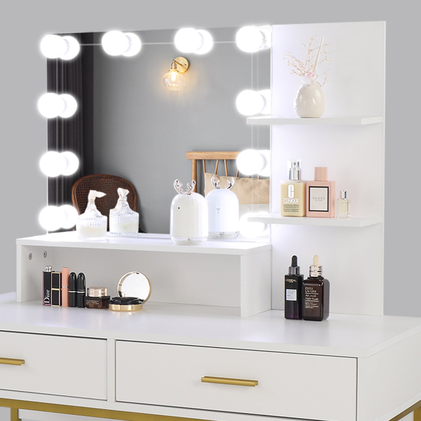 COOKCOK Vanity Desk with Lights, Makeup Table with Cushioned Stool, 3 Storage Shelves 2 Drawers, Dressing Table Dresser Desk for Women, Girls, Bedroom, White