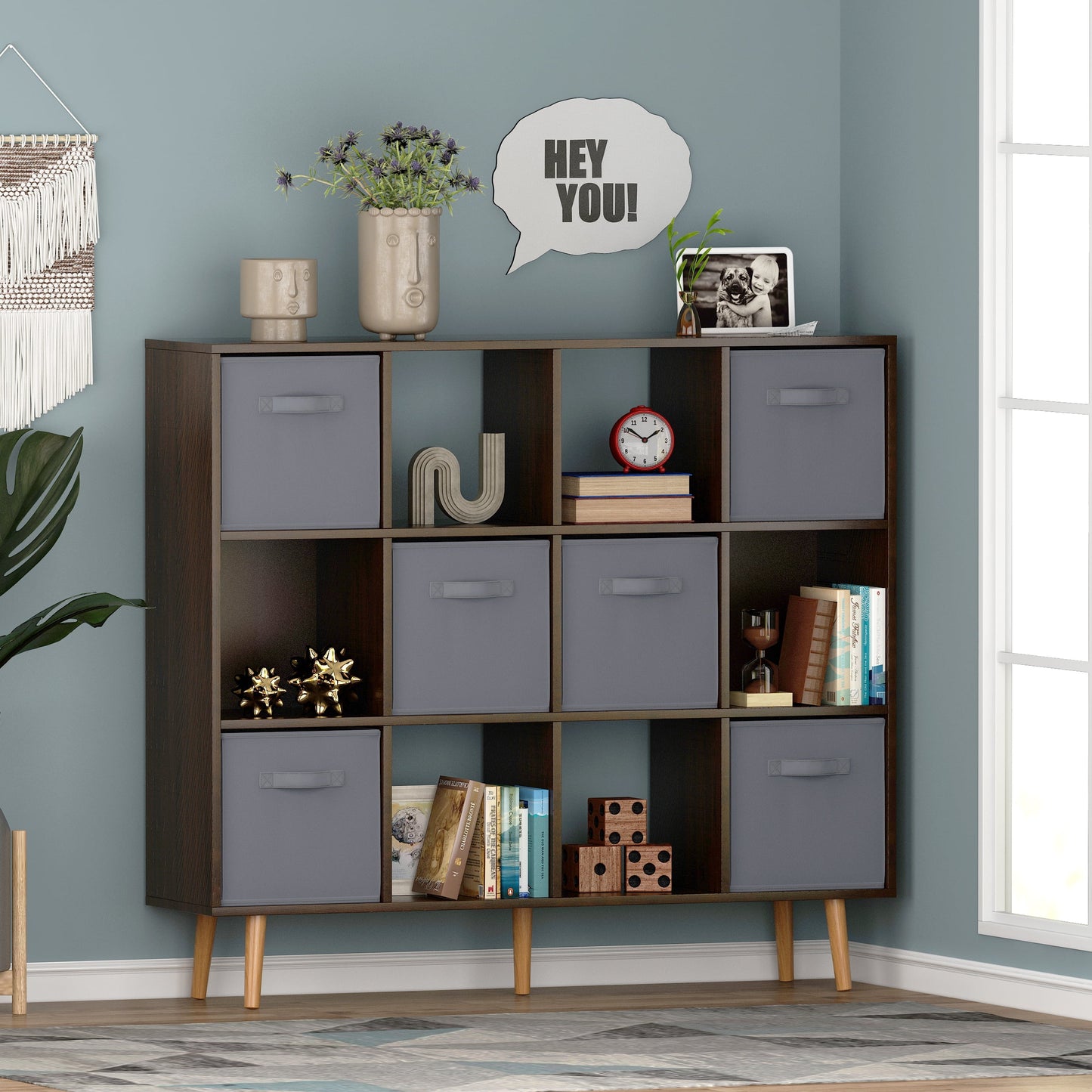 COOKCOK 12-Cube Storage Organizer, Bookshelf with Storage Bins, 4 Tier Freestanding Open Bookshelf with 6 Nonwoven Fabric Drawers,Brown