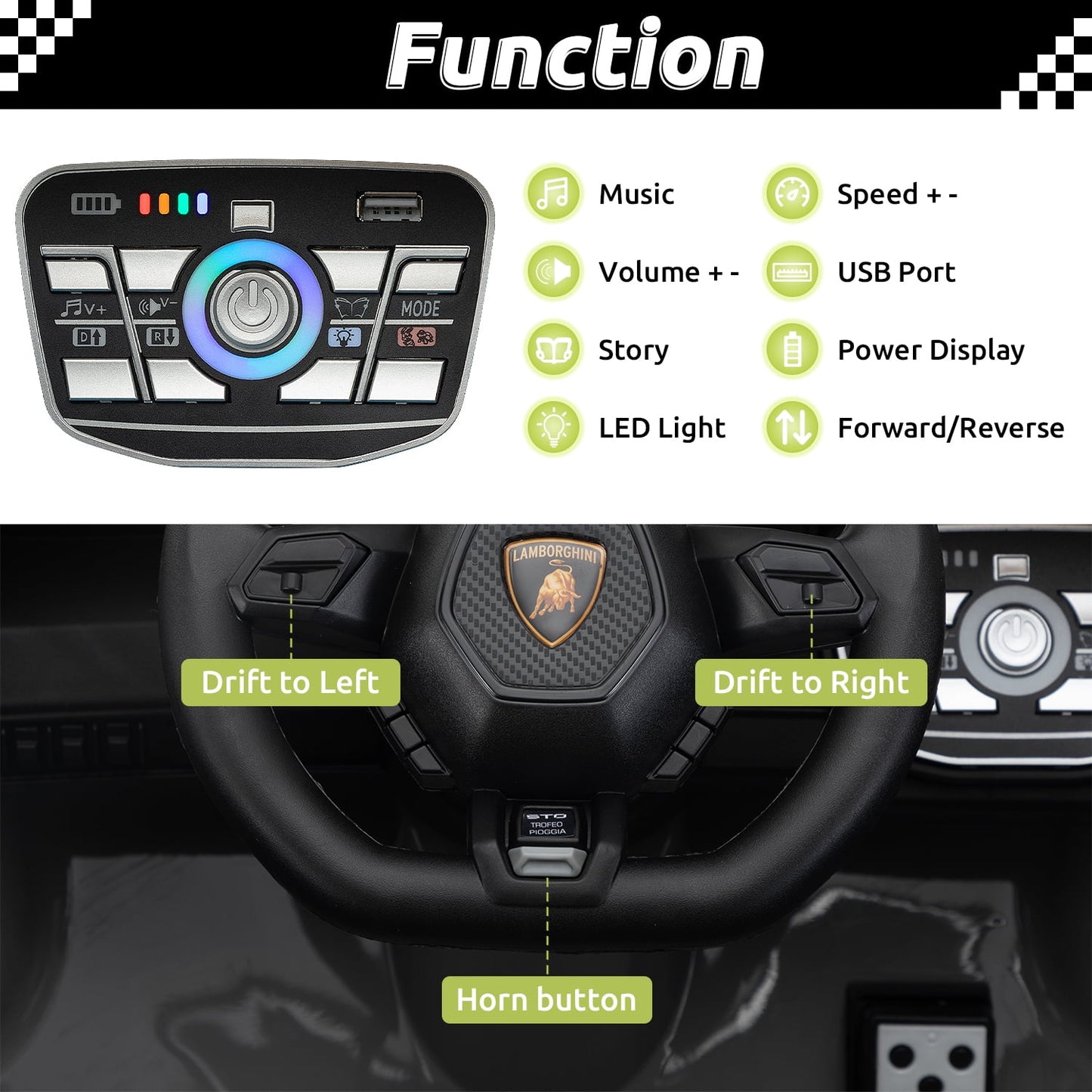 Track Seven 24V Kids Ride on Car, Licensed Lamborghini STO Electric Car for Boys Girls, 2-Seater Ride on Drift Car with Remote Control, Music, 360° Spin, Max Speed 6mph, Green