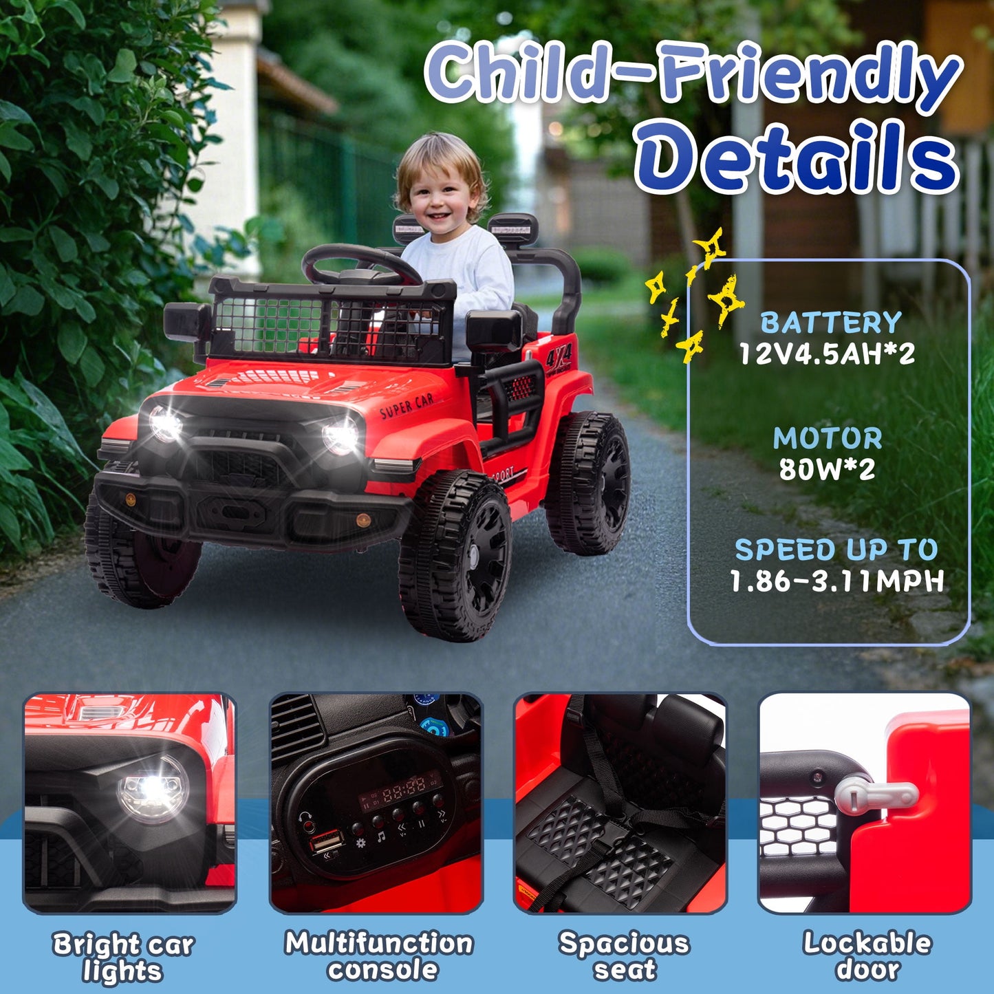 Track Seven 24V Kids Ride on Truck, Electric Car with Remote Control, Four-Wheel Suspension, Power Display, Bluetooth, MP3 Player, LED Lights, Kids Ride on Toy Car for Boys Girls Aged 3+, Red