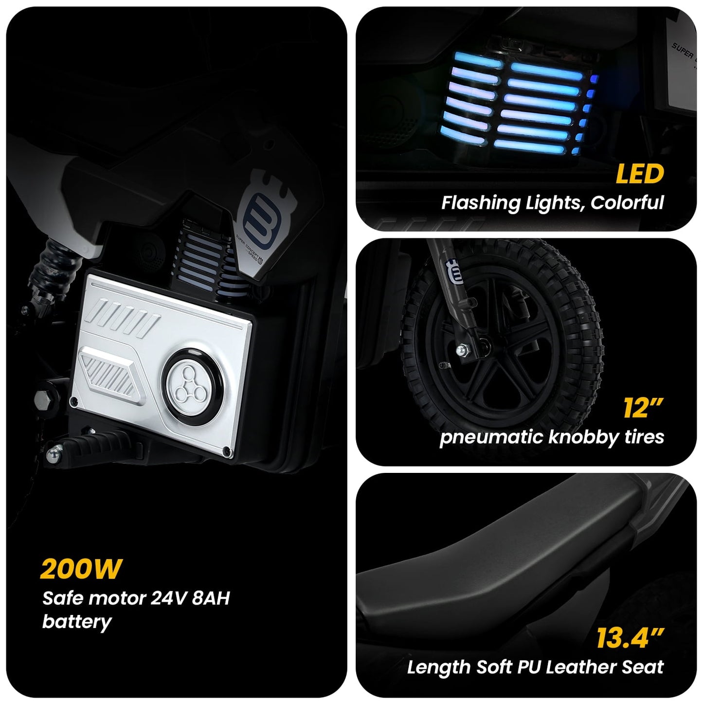Track Seven 24V Electric Dirt Bike, 200W Motocross Ride on Motorcycle with Hand Operated Brakes, Adjustable Speed, LED Lamp, Music, Max Speed 10mph, Electric Motorcycle for Kids Age 5+, Black