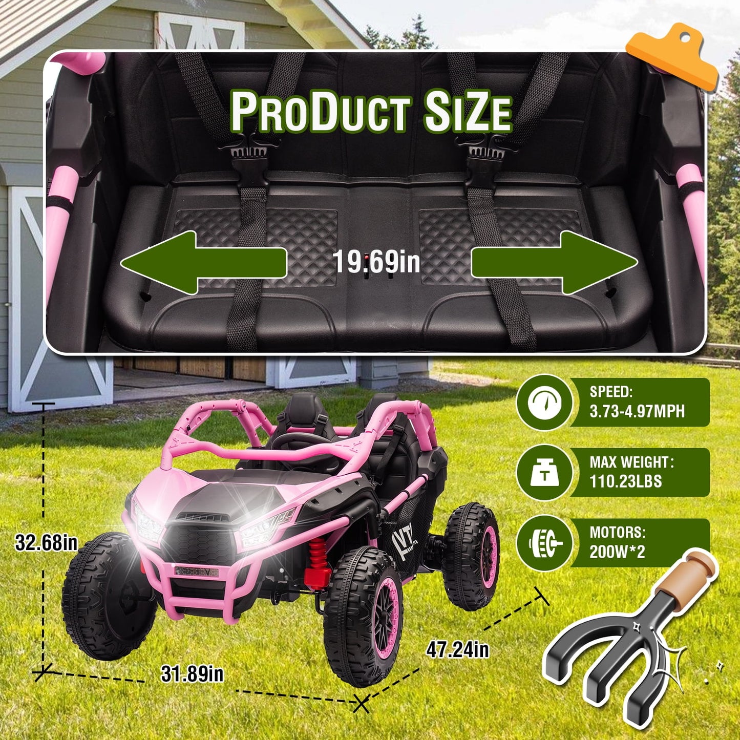 Track Seven 24V Ride on UTV, 2-Seater Ride on Car, 20" Width Seat, 4.97 mph Speed, 400W Motor, Remote Control, Bluetooh, MP3, LED Lights, Rear Storage, Off-Road Electric Car for Boys Girls Age 3+, Pink