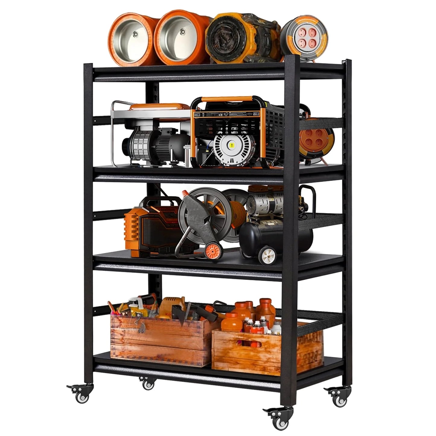 COOKCOK 4-Tier Storage Shelving Unit, Metal Shelf with Wheels, 39.4"x15.8"x 50", Adjustable Garage Storage Shelf, Load Up to 1600LBS, Kitchen Shelf with Protective Side