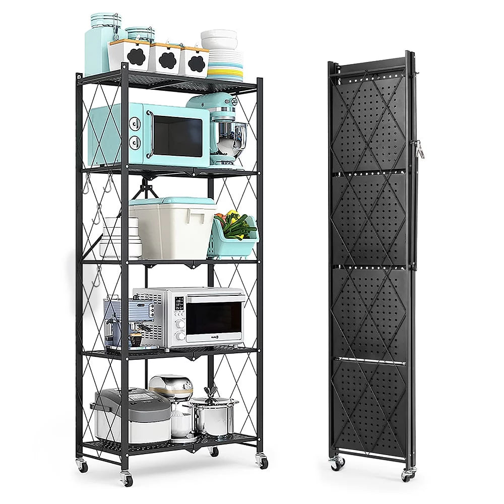 COOKCOK 5-Tier Storage Shelving Unit, Metal Shelf 27.9"x13.4"x62.5, Foldable Storage Shelf with Wheels, Garage Shelf, Metal Storage Rack, Kitchen Shelf with 4 Hooks