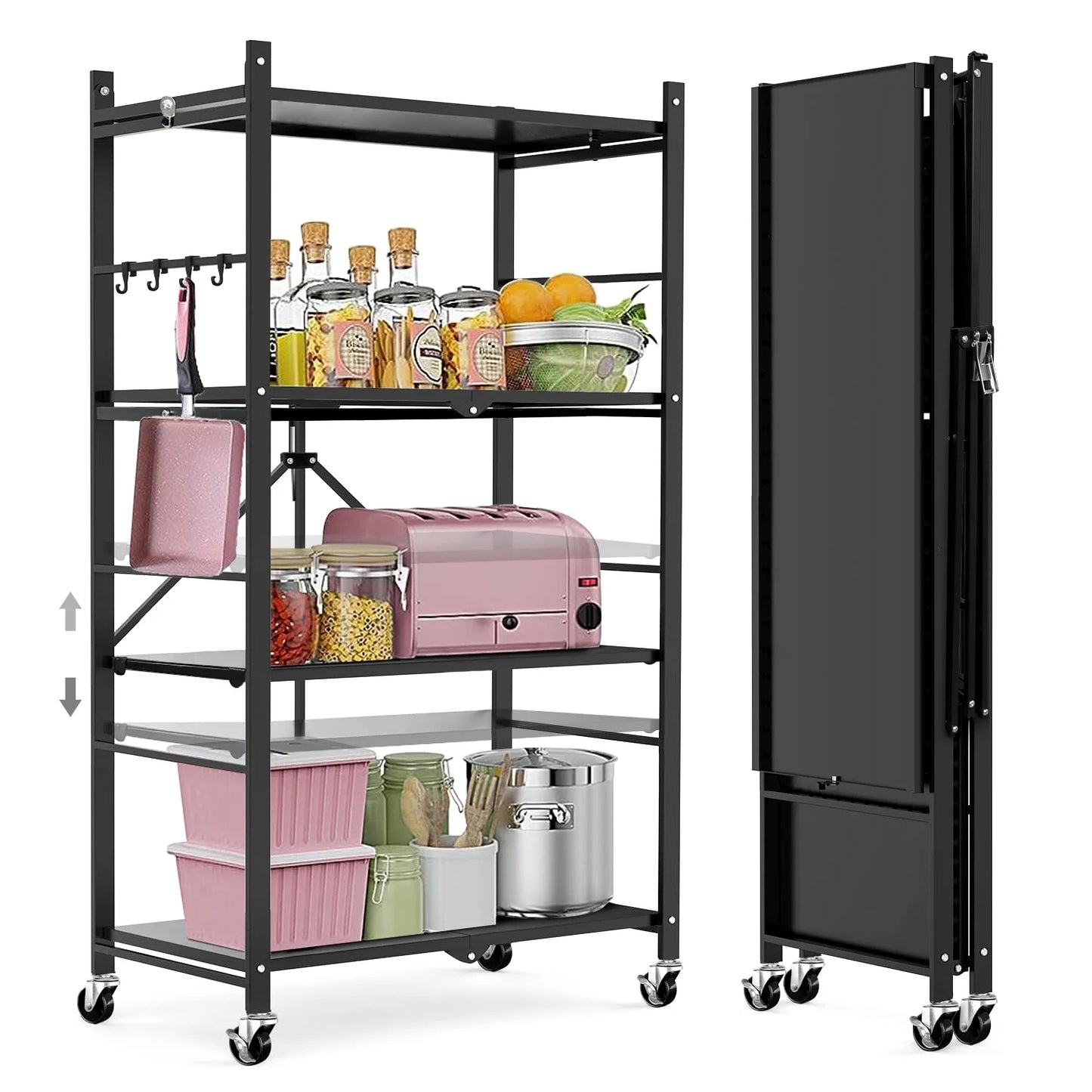 COOKCOK 4-Tier Storage Shelving Unit, Metal Shelf, Adjutable Height, Foldable Storage Shelf with Wheels, Garage Shelf, Kitchen Shelf, Side Protective, 400lbs Capacity, Black