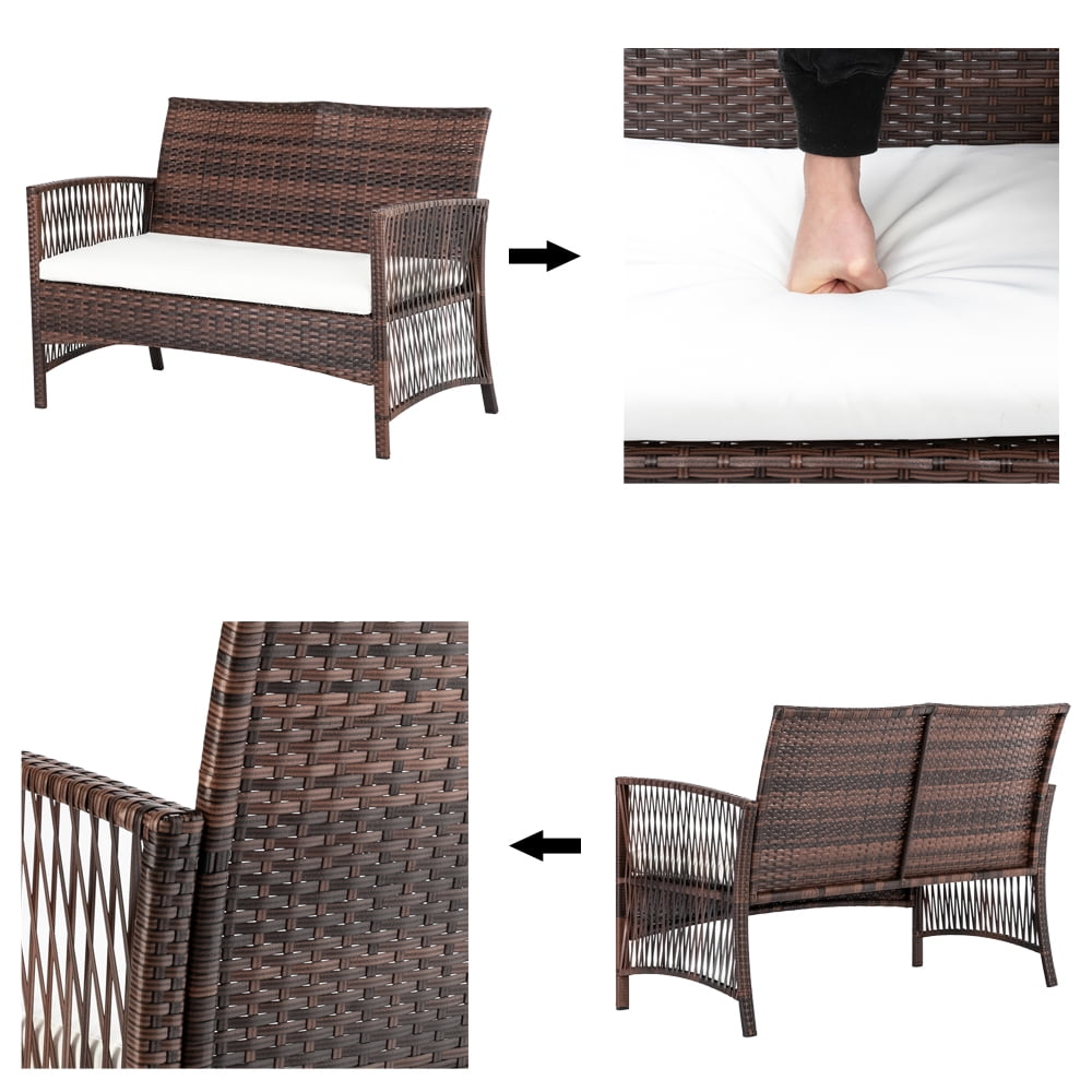COOKCOK 4 Pieces Patio Set,Outdoor Wicker Patio Furniture Sets,Bistro Set Rattan Arm Chair Conversation Sets with Tempered Glass Coffee Table,Rattan Sofa Set,Brown
