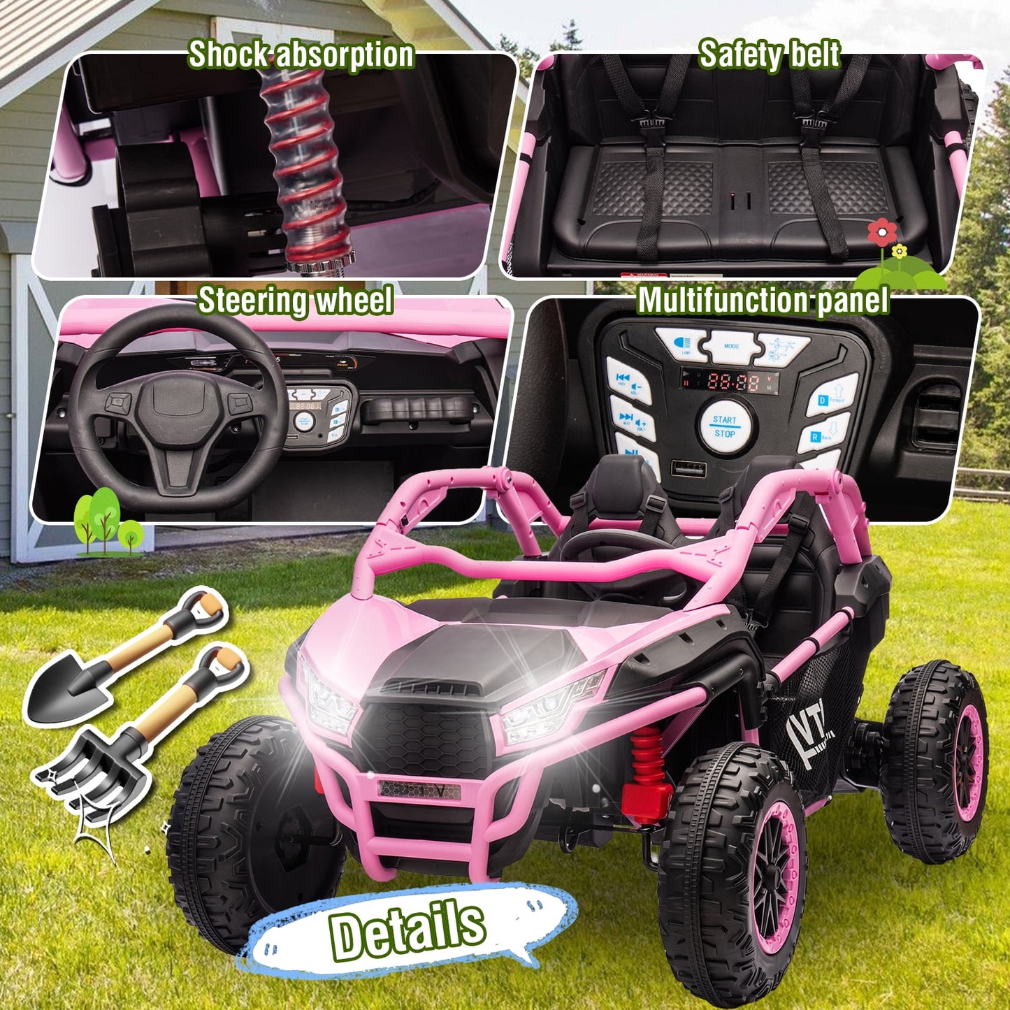 Track Seven 24V Ride on UTV, 2-Seater Ride on Car, 20" Width Seat, 4.97 mph Speed, 400W Motor, Remote Control, Bluetooh, MP3, LED Lights, Rear Storage, Off-Road Electric Car for Boys Girls Age 3+, Pink
