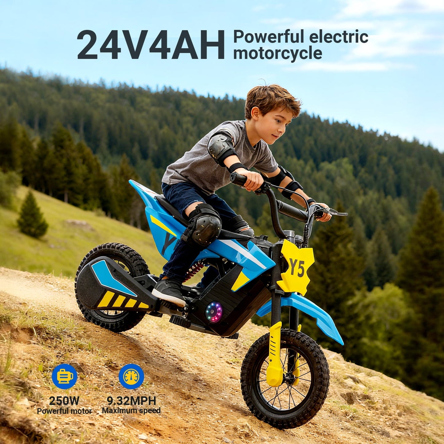 Track Seven 24V Electric Dirt Bike, 250W Ride on Motorcycle, 3 Speed Up-to 9.32 mph, Battery Display, Rear Suspension, Disc Brake, Bluetooth, LED Light, Electric Motocross Bike for Kids Aged 8+, Blue