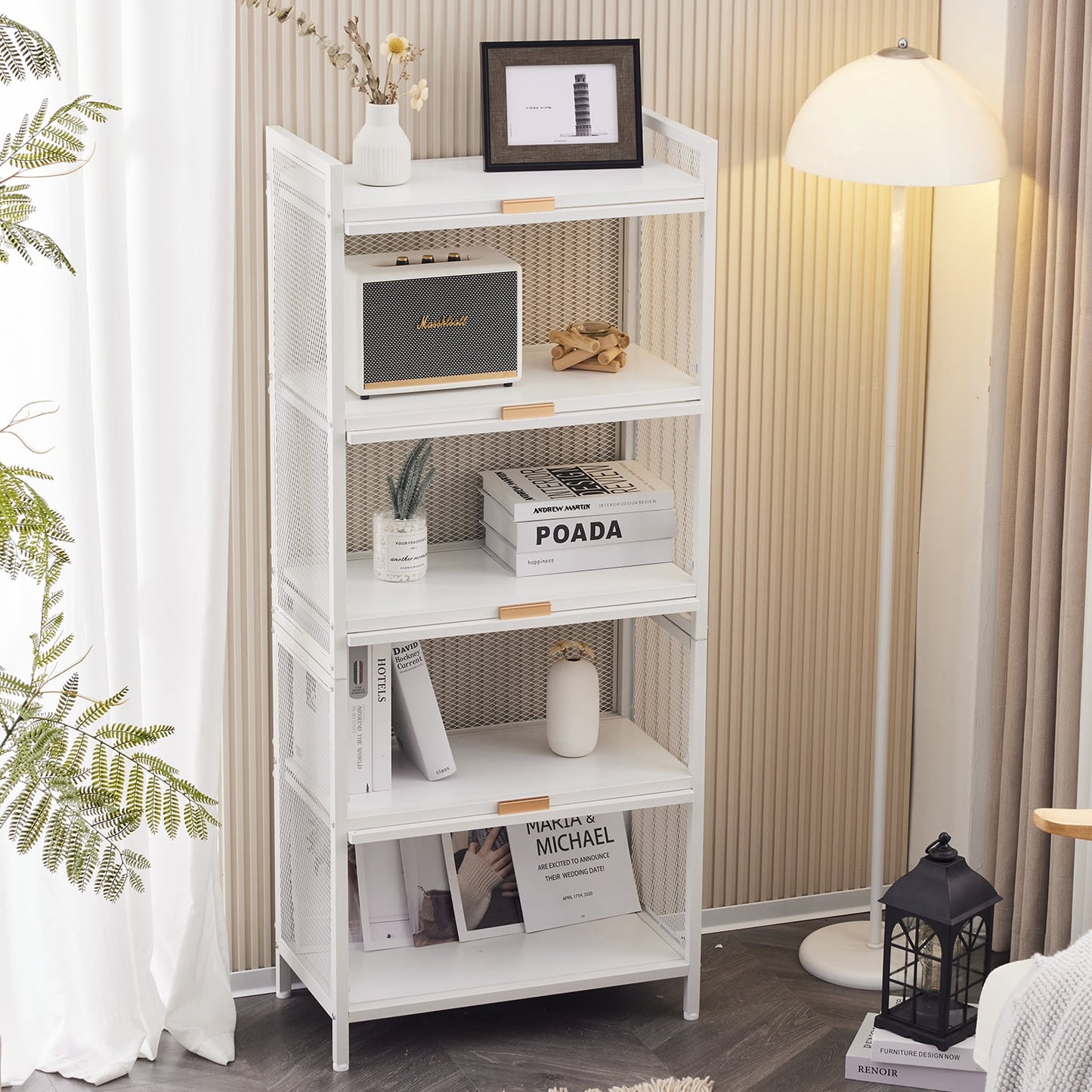 COOKCOK 5-Tier Storage Shelf, Kitchen Storage Cabinet with Flip-up PC Doors, Mobile Microwave Stand, Freestanding Kitchen Bakers Rack with 4 Rolling Casters, 23.62"x12.59"x55.51", White