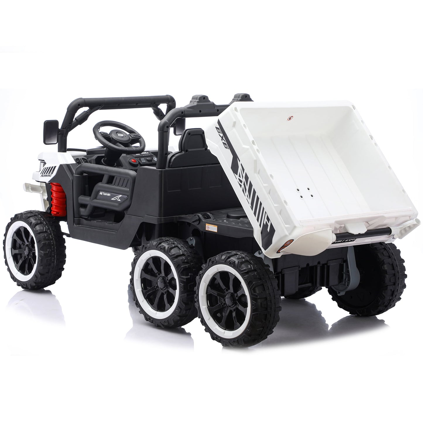 Track Seven 24V 2-Seater Ride on Dump Truck, 4WD 6-Wheel Kids Ride on Car w/Remote Control, Electric Dump Bed, Toy Shovel, Music, Max Speed 5 mph, 21" Large Seat, Ride on Toy for Kids Age 3+, White