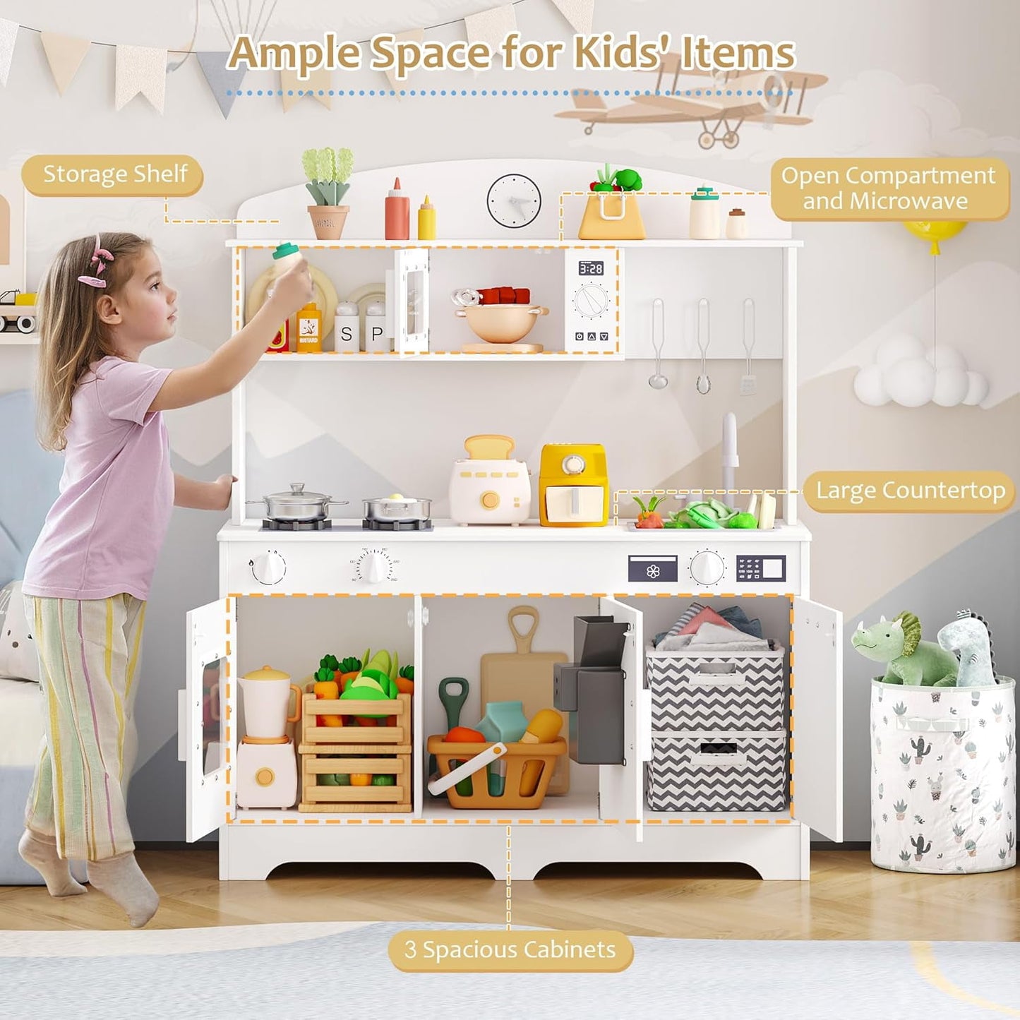 Track Seven Play Kitchen for Kids, Wooden Kids Kitchen Playset with Storage and Realistic Details, Pretend Play Kitchen Set with Ice Maker, Clicking Knobs, Sink, Washing Machine For Toddlers Ages 3+