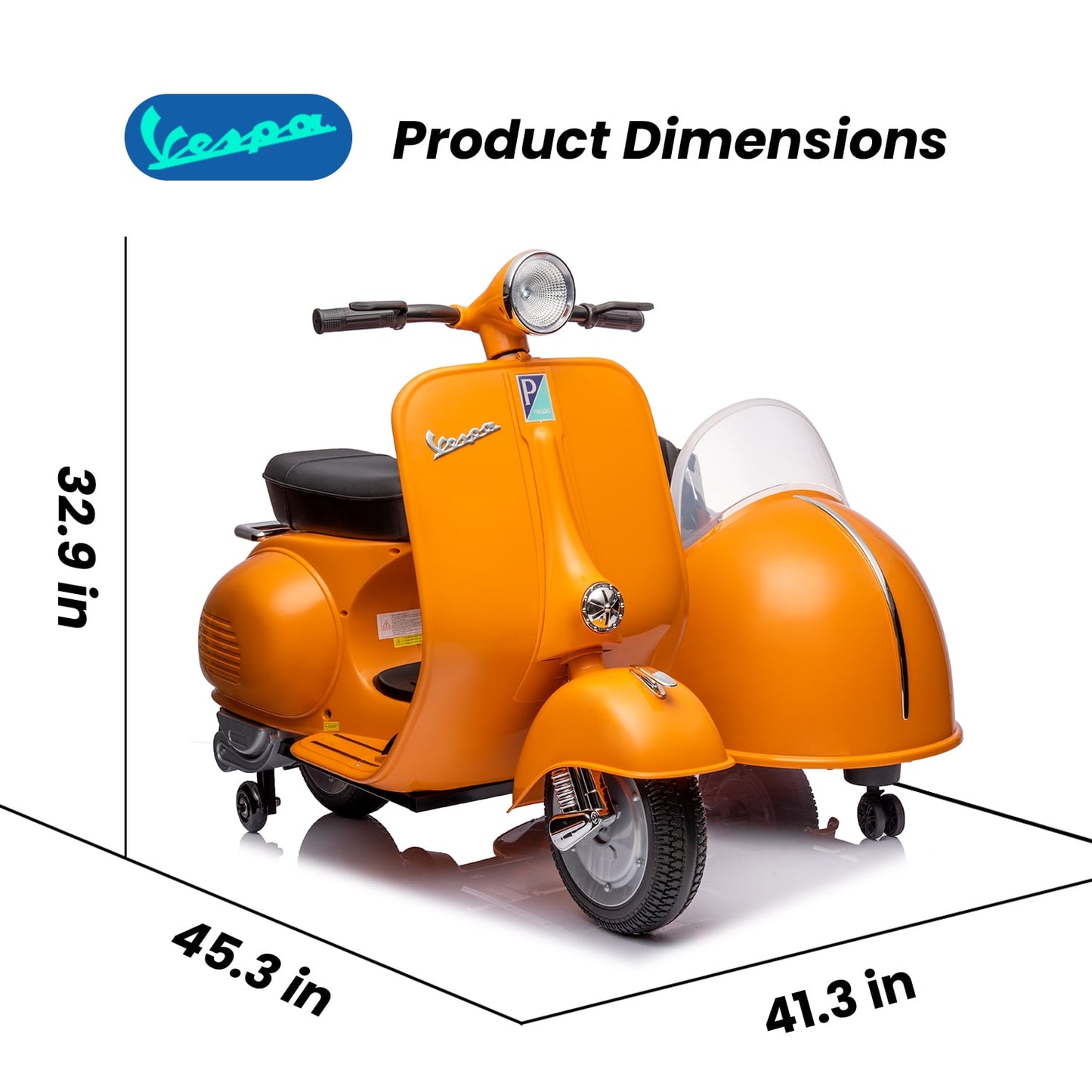 Track Seven 12V Licensed Vespa Ride on Motorcycle with Side Car, 2-Seater Electric Car for Kids Age 3+, Music, Max Speed 4.8mph, Orange