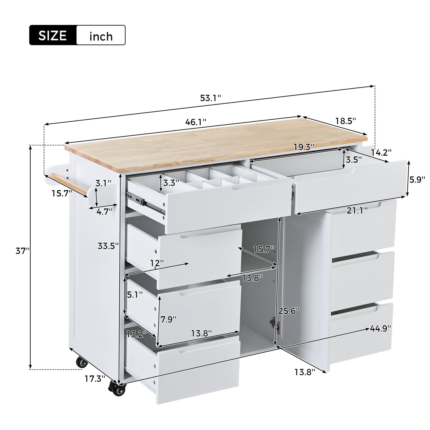 COOKCOK Kitchen Cart with Wood Countertop, Rolling Kitchen Storage Cabinet on Wheels with 8 Handle-Free Drawers, Rolling Mobile Kitchen Island with Towel Rack, 53.2" Width, White