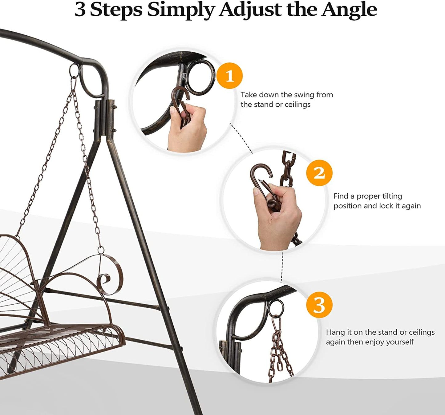 COOKCOK Upgraded Metal Patio Swing, Hanging Steel Porch Swing Chair for Outdoors, Heavy Duty Swing Chair Bench for Gardens & Yards, 660 LBS Weight Capacity, Black