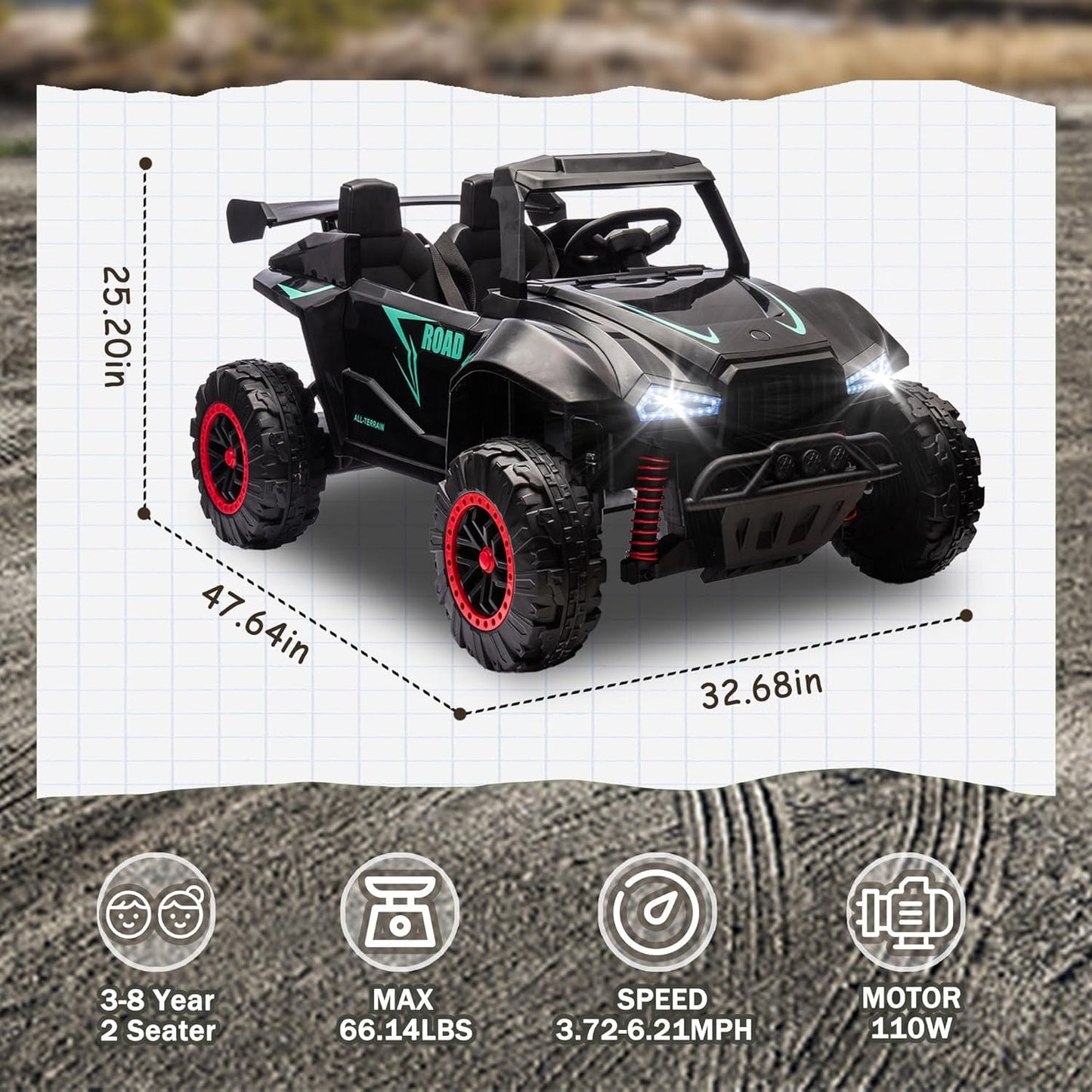 Track Seven 24V 2-Seater Ride on Car, Kids Electric Car with Remote Control, 20.4" Extra Width Seat, Bluetooth, Power Display, 24V Ride on Truck for Boys Girls Age 3+, Max Speed 6.21 mph, Black