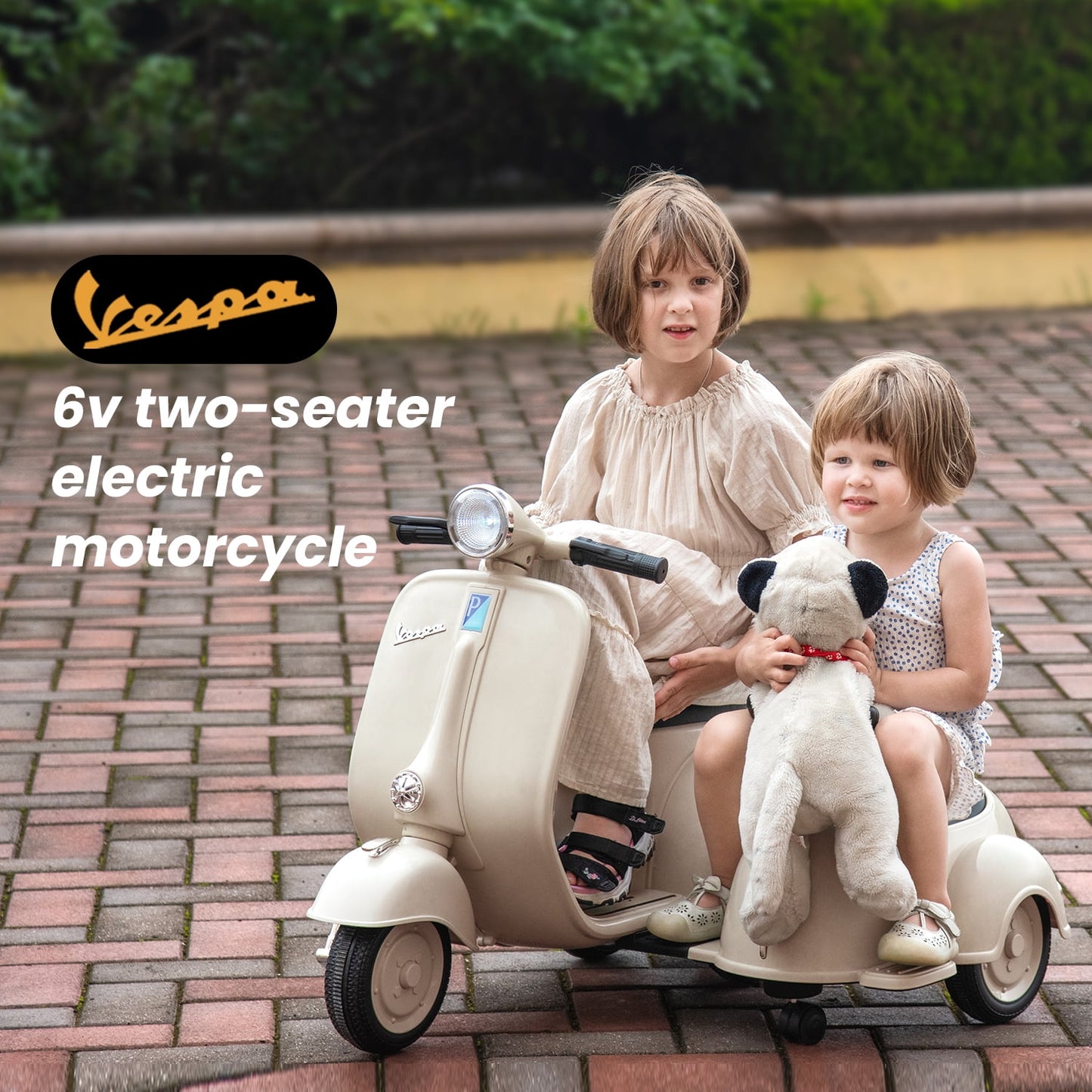 Track Seven Licensed Vespa Ride on Motorcycle with Side Car, 2-Seater Electric Car for Age 2+, Music, Storage Bin, Max Speed 3.7mph, Grey