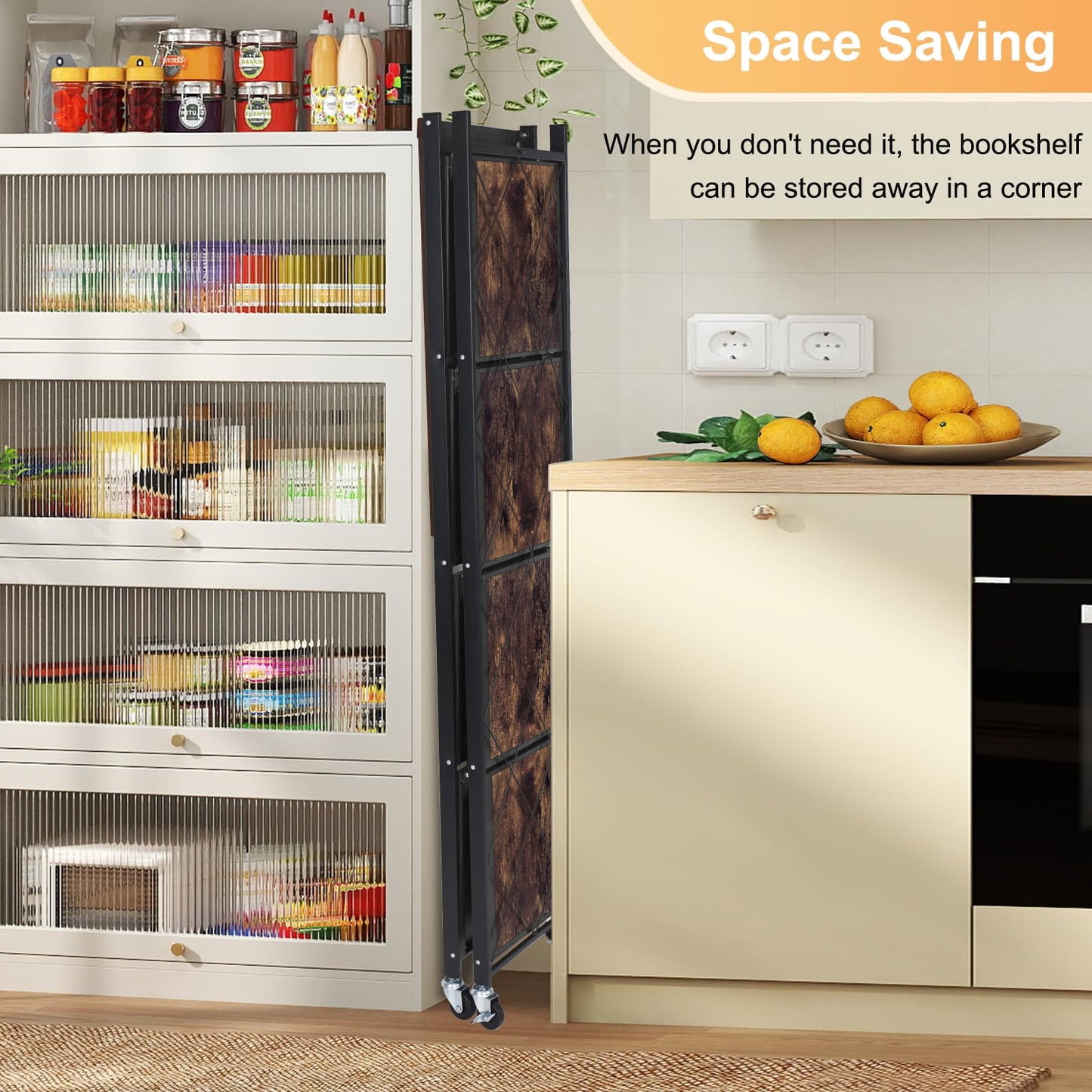 COOKCOK 5-Tier Storage Shelving Unit, Folding Bookshelf, Metal Shelf 27.9"x13.4"x62.5, Foldable Storage Shelf with Wheels, Garage Shelf, Kitchen Shelf, No Assemble Require, Black