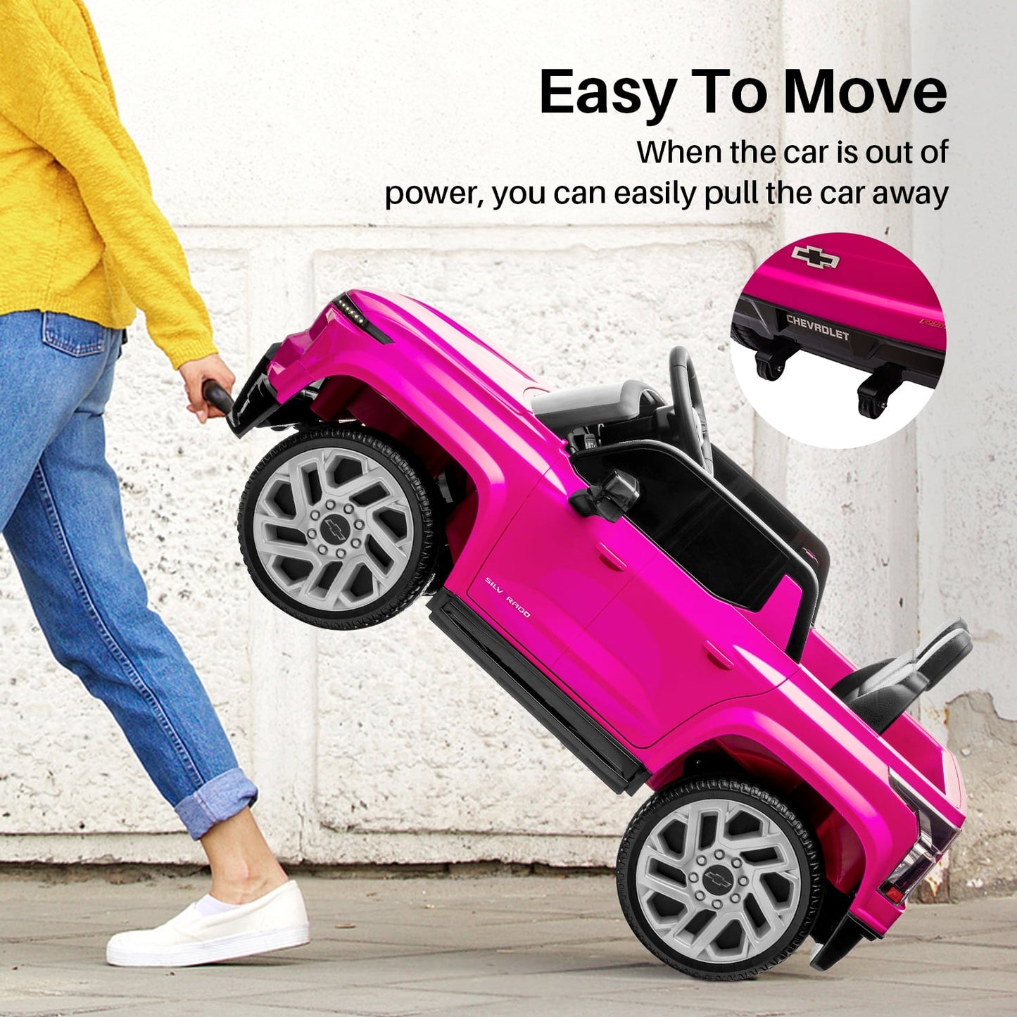 Track Seven 24V Ride on Car, Licensed Chevrolet Silverado Electric Car Truck with Remote Control, Bluetooth, LED Lights, Power Display, Rear Storage Ride on Toy Car for Boys Girls Age 3+, Pink