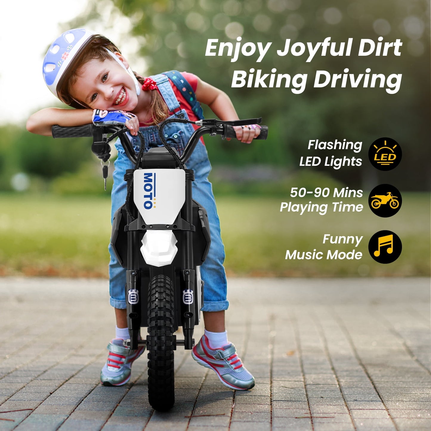 Track Seven 24V Electric Dirt Bike, 200W Motocross Ride on Motorcycle with Hand Operated Brakes, Adjustable Speed, LED Lamp, Music, Max Speed 10mph, Electric Motorcycle for Kids Age 5+, Black
