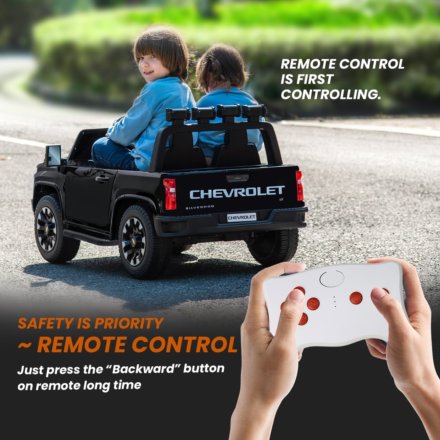 Track Seven 24V Ride on Car, Licensed Silverado HD 2 Seater Electric Car for Boys Girls Age 3+, 24V Ride on Truck w/Remote Control, Music, ABC, Black