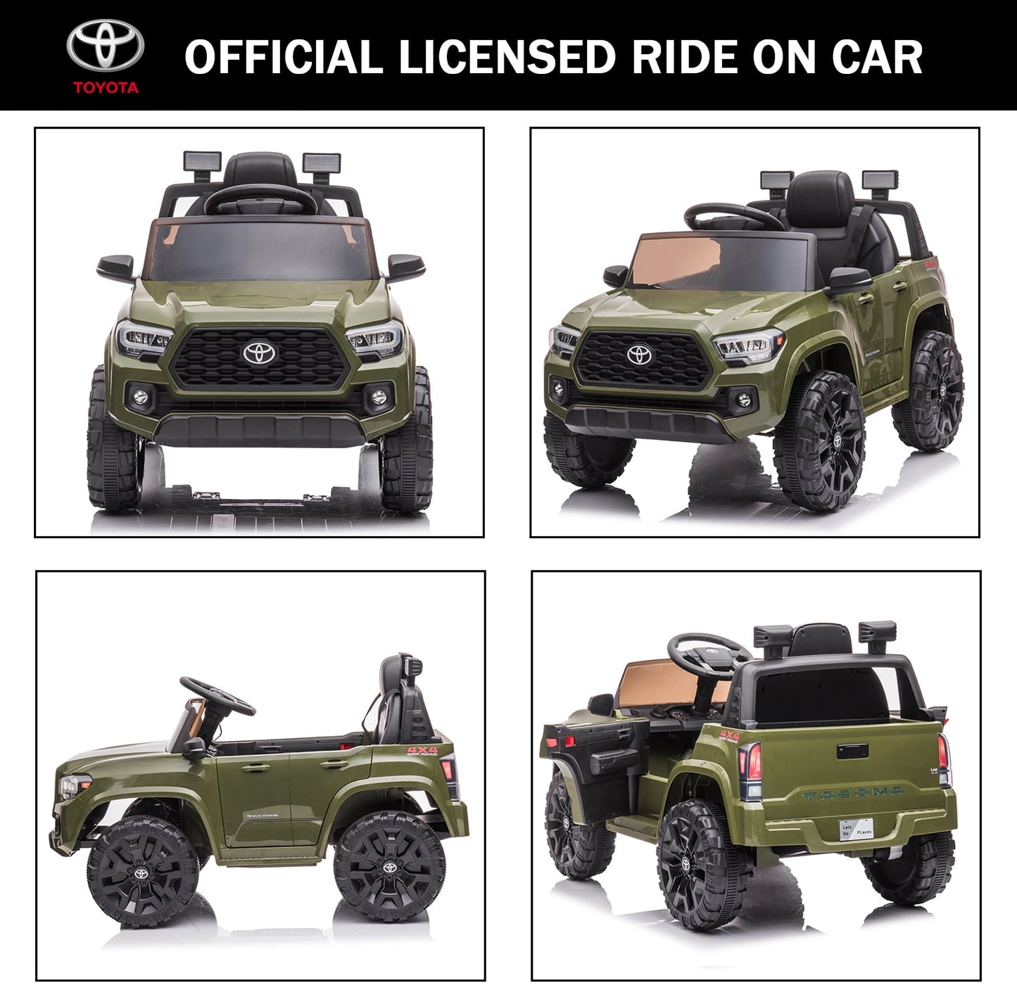 Track 7 Ride on Car with Remote Control, 12V Toyota Tacoma Electric Car for Boys Girls Age 3+, AUX/FM/USB, Storage Truck, Green