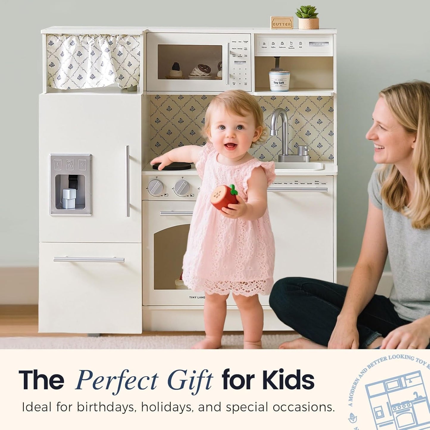Track Seven Play Kitchen for Kids, Upgraded Wooden Kitchen Toy with Complete Play Areas, Pretend Cooking Set with Sink, Stove, Microwave, Toy Coffee Station & Storage for Kids Ages 3+, White
